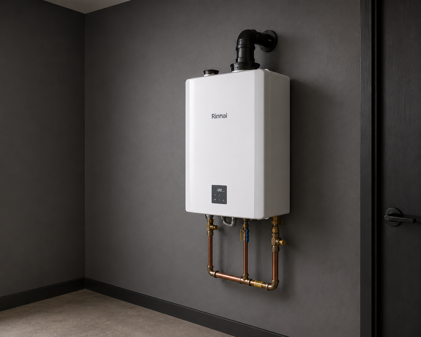 Technician repairing a wall-mounted boiler with tools, control panel and pipes visible
