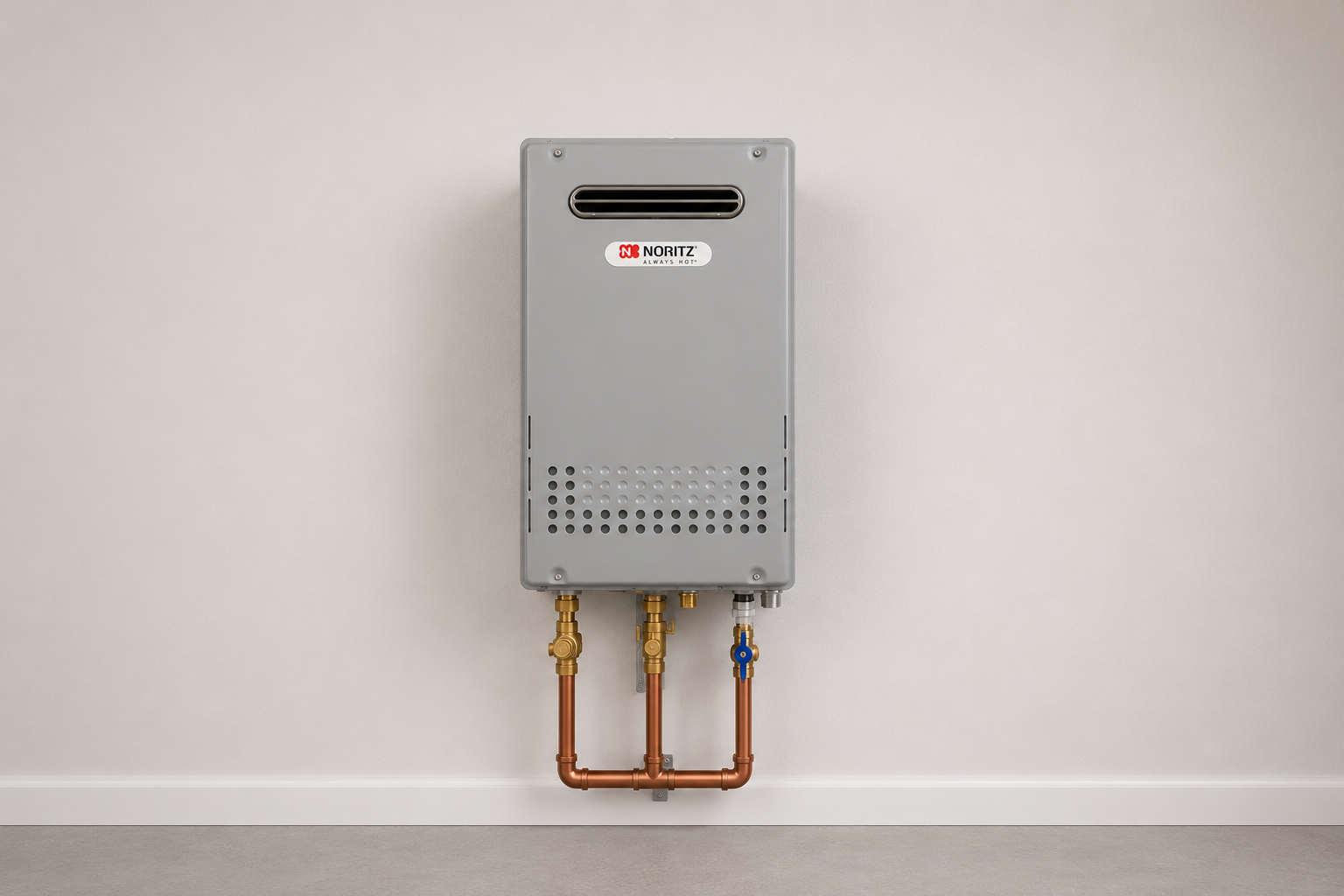 Technician inspecting a wall-mounted boiler with exposed pipes and controls indoors