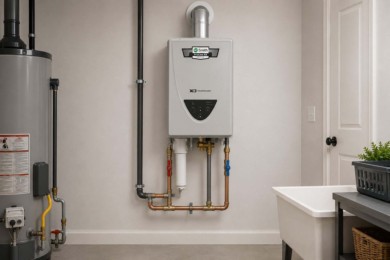 Hand tightening a valve on a gray water heater or boiler in a basement, with exposed insulation nearby
