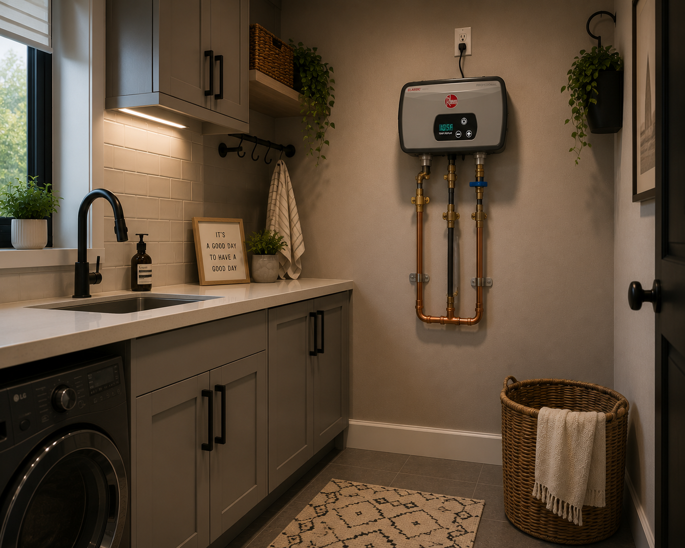 Person installing a white water heater in a tiled bathroom or utility area