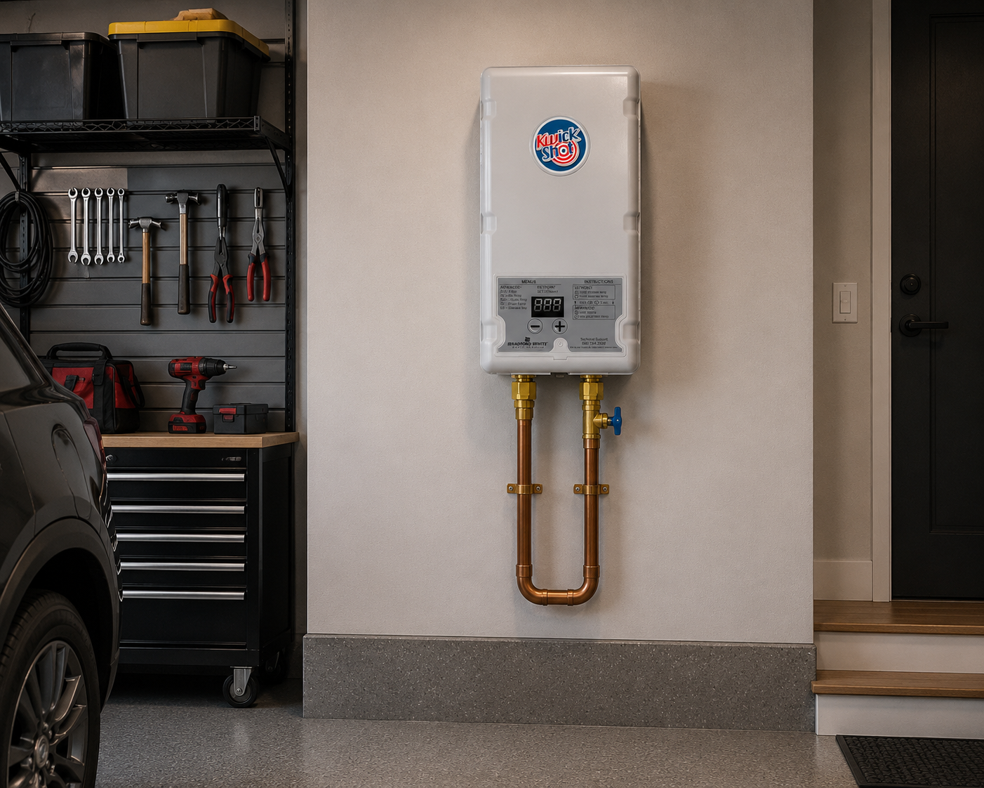 Close-up of a gray tank with a brass valve and red handle in an industrial utility room