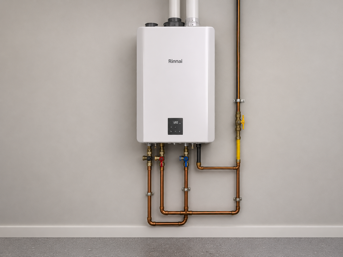 Technician inspecting a wall-mounted water heater with a tablet in a tiled room