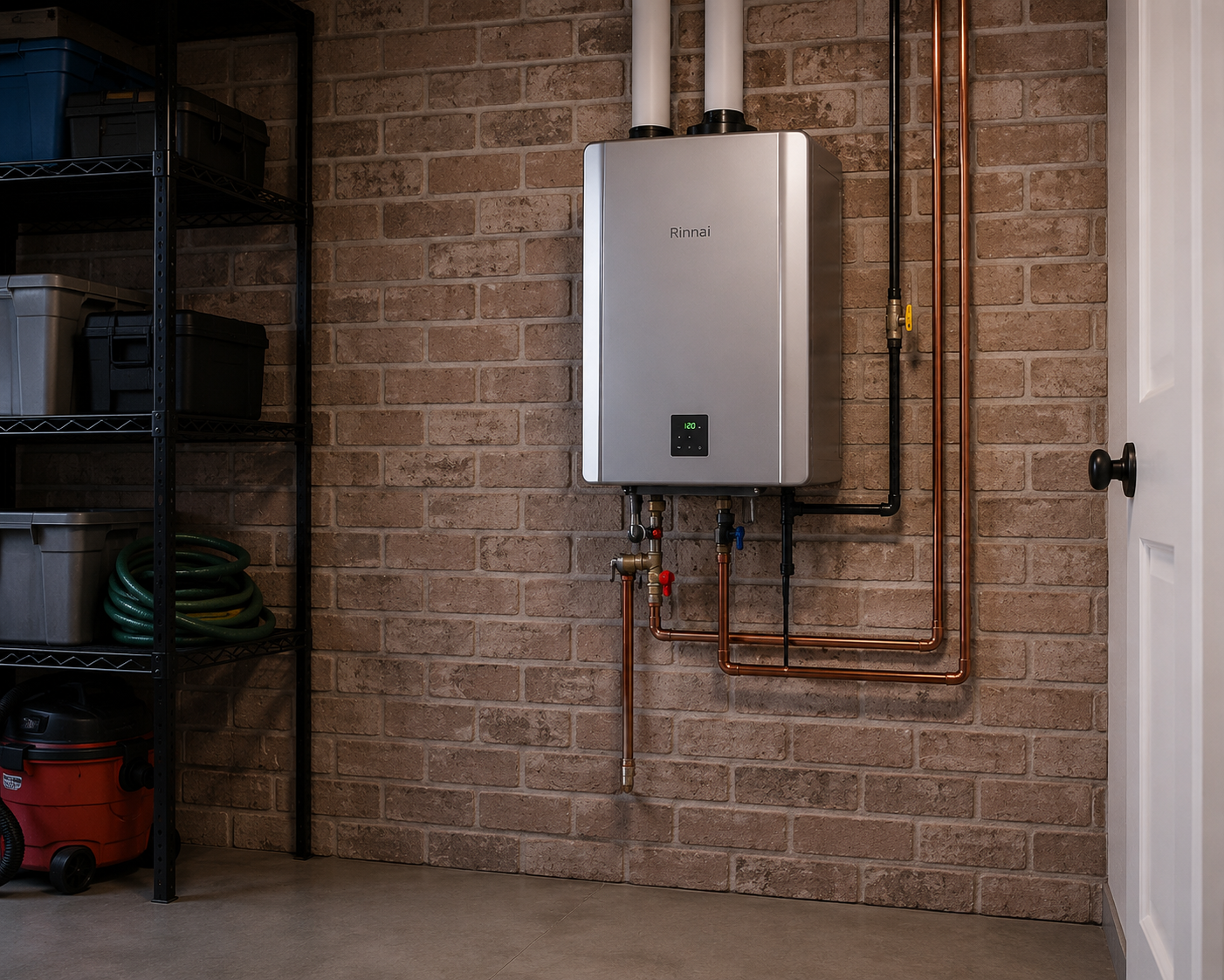 Boiler room with white control box, large metal pipes, valves, and heating equipment against tiled walls
