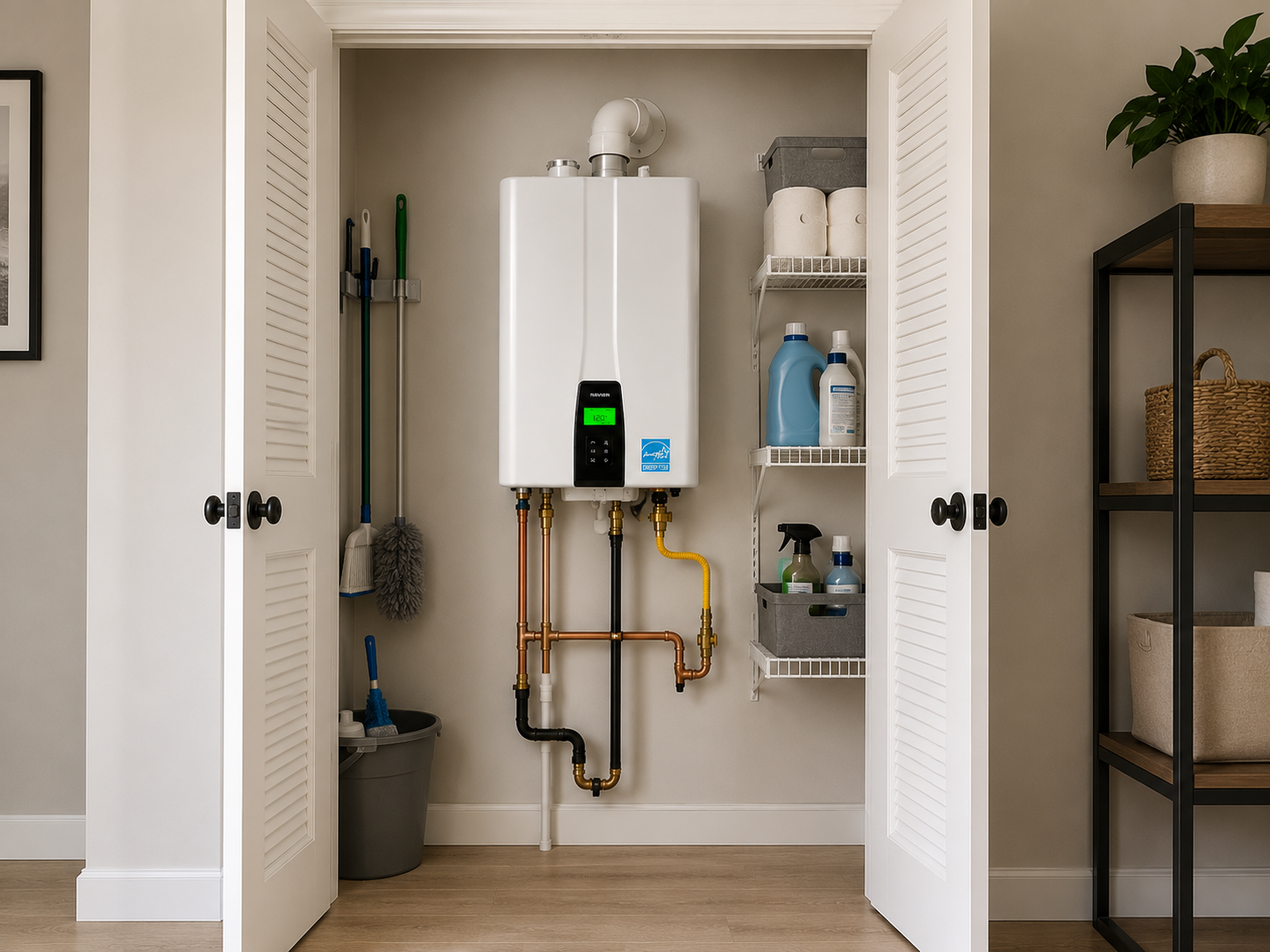 Technician working on an open wall-mounted boiler or electrical panel indoors
