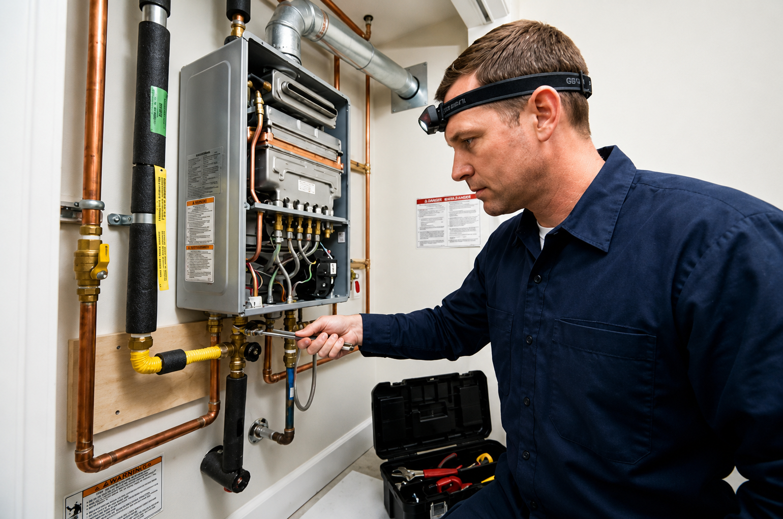 Technician inspecting a wall-mounted electrical panel in a utility room