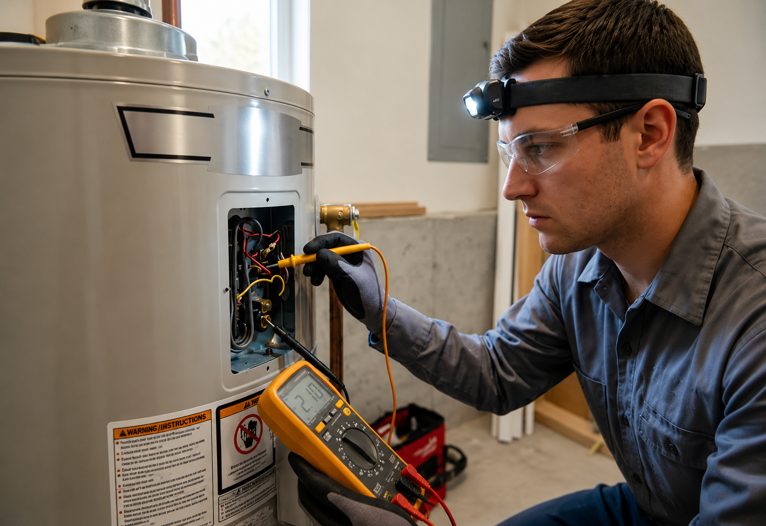 Technician inspecting wiring inside a metal appliance with a multimeter and safety glasses