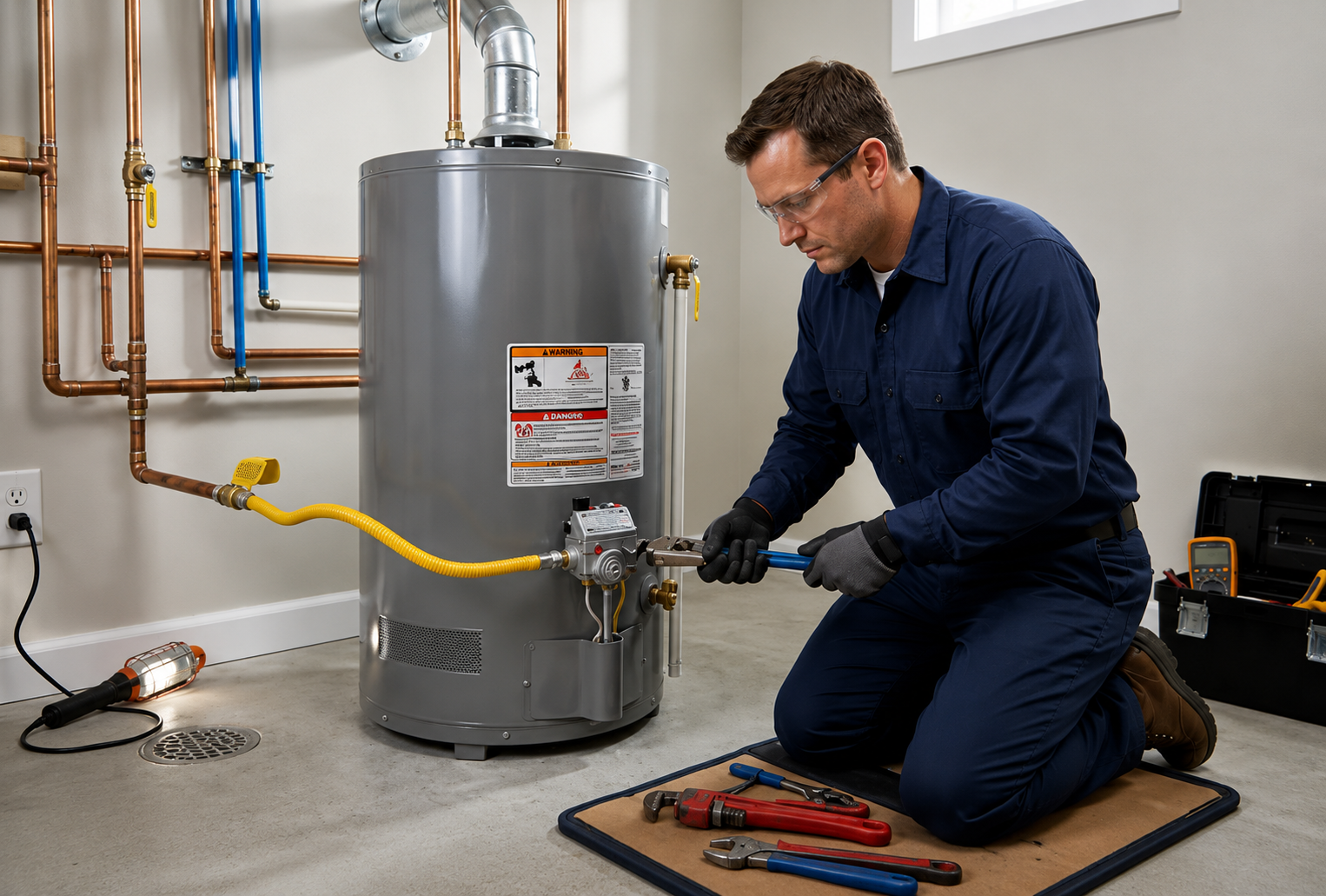 Technician kneels beside a water heater, inspecting a gas valve with tools in a utility room.