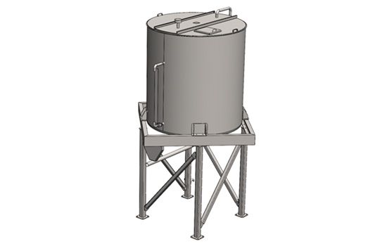 A stainless steel tank is sitting on top of a metal stand.