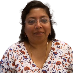 A woman wearing glasses and a floral shirt
