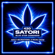 Neon blue cannabis leaf logo with text &ldquo;420 SATORI BLUE STAR CANNABAR&rdquo; and &ldquo;ADULT RECREATIONAL & MICRO-GROW&rdquo;