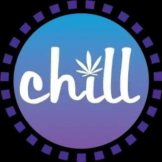 White “chill” text with a cannabis leaf on a blue-to-purple circle, surrounded by a black dashed border.