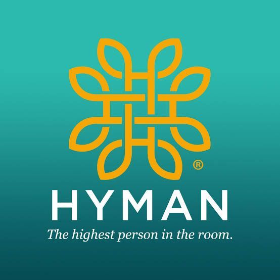HYMAN logo on teal background with orange emblem and white tagline, “The highest person in the room.”