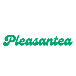 Green “Pleasantea” logo in stylized script on a white background