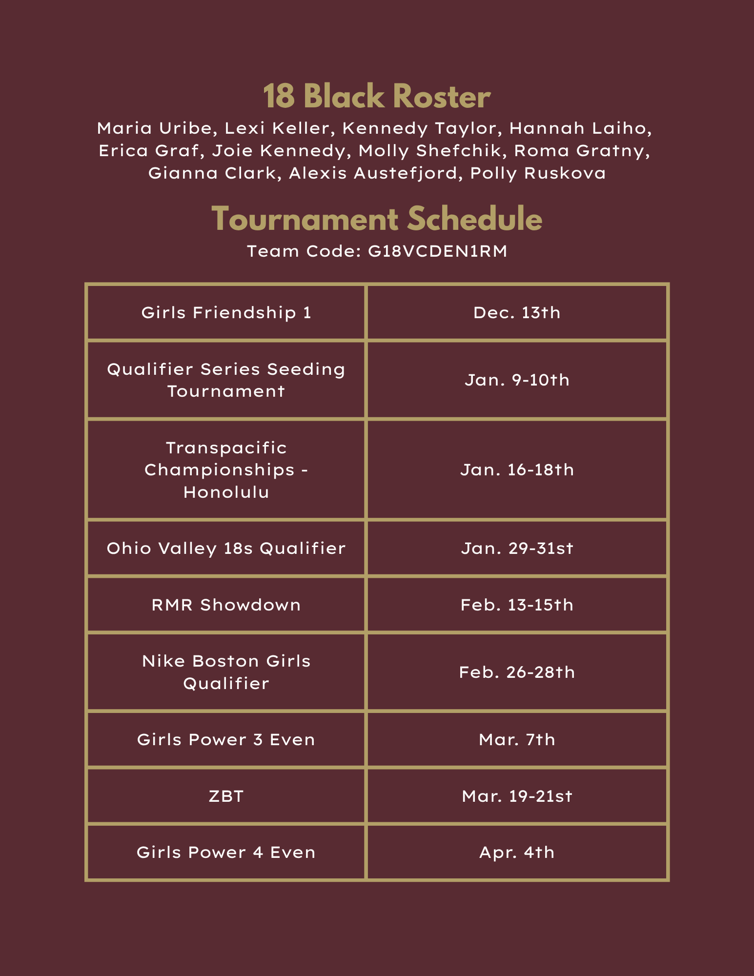 18 Black volleyball roster and tournament schedule in maroon tones.