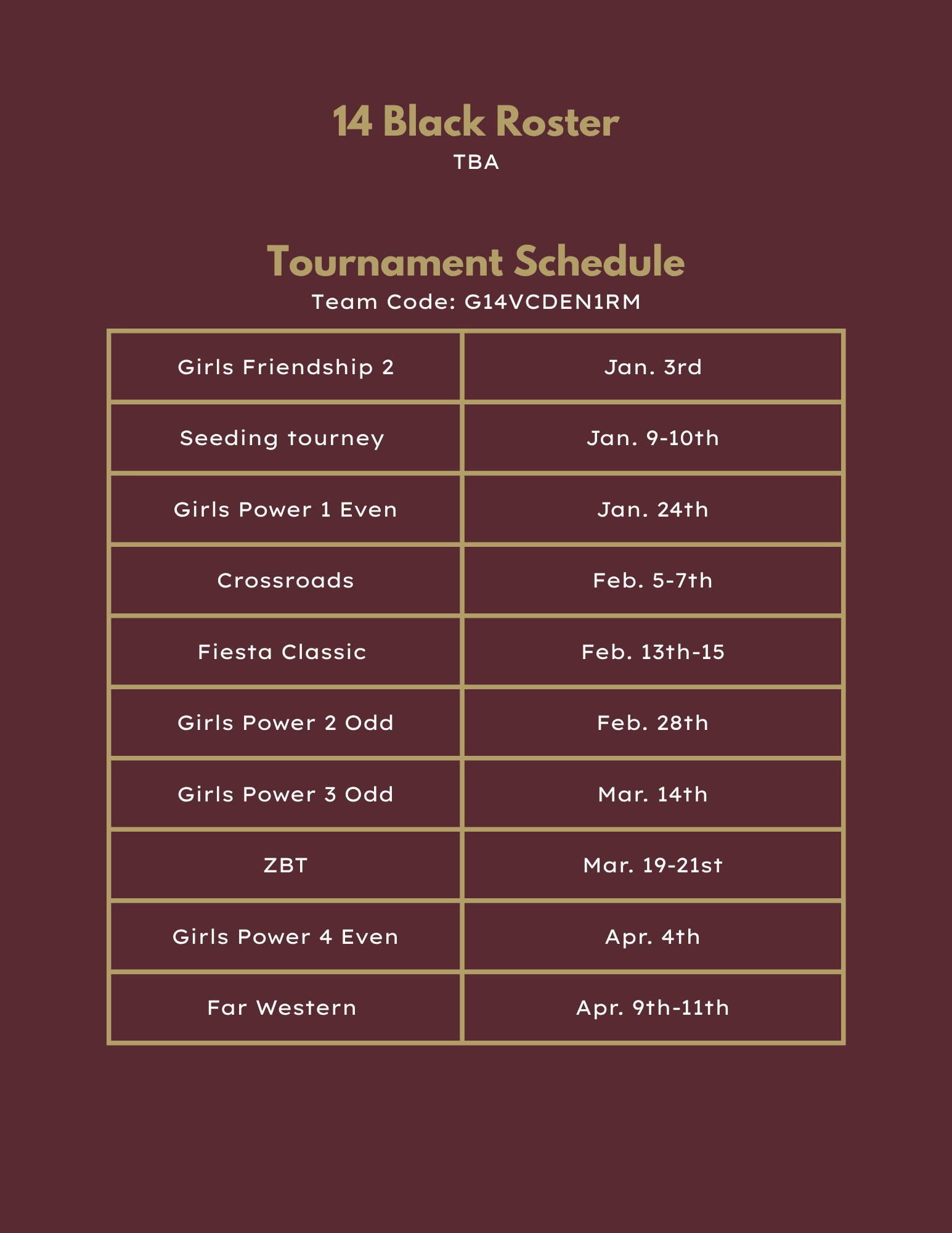 18 Black volleyball roster and tournament schedule in maroon tones.