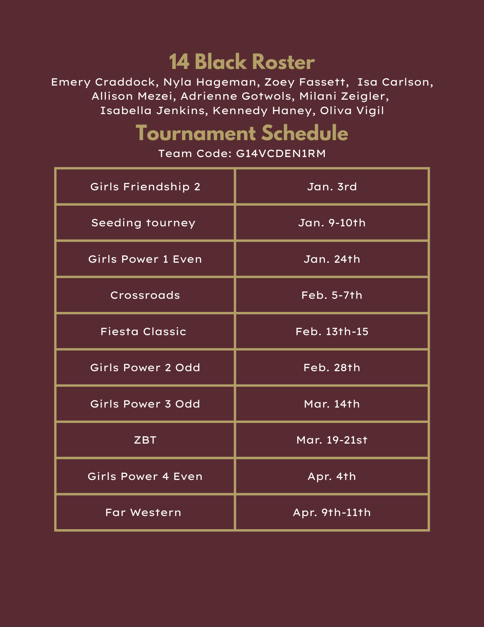 18 Black volleyball roster and tournament schedule in maroon tones.