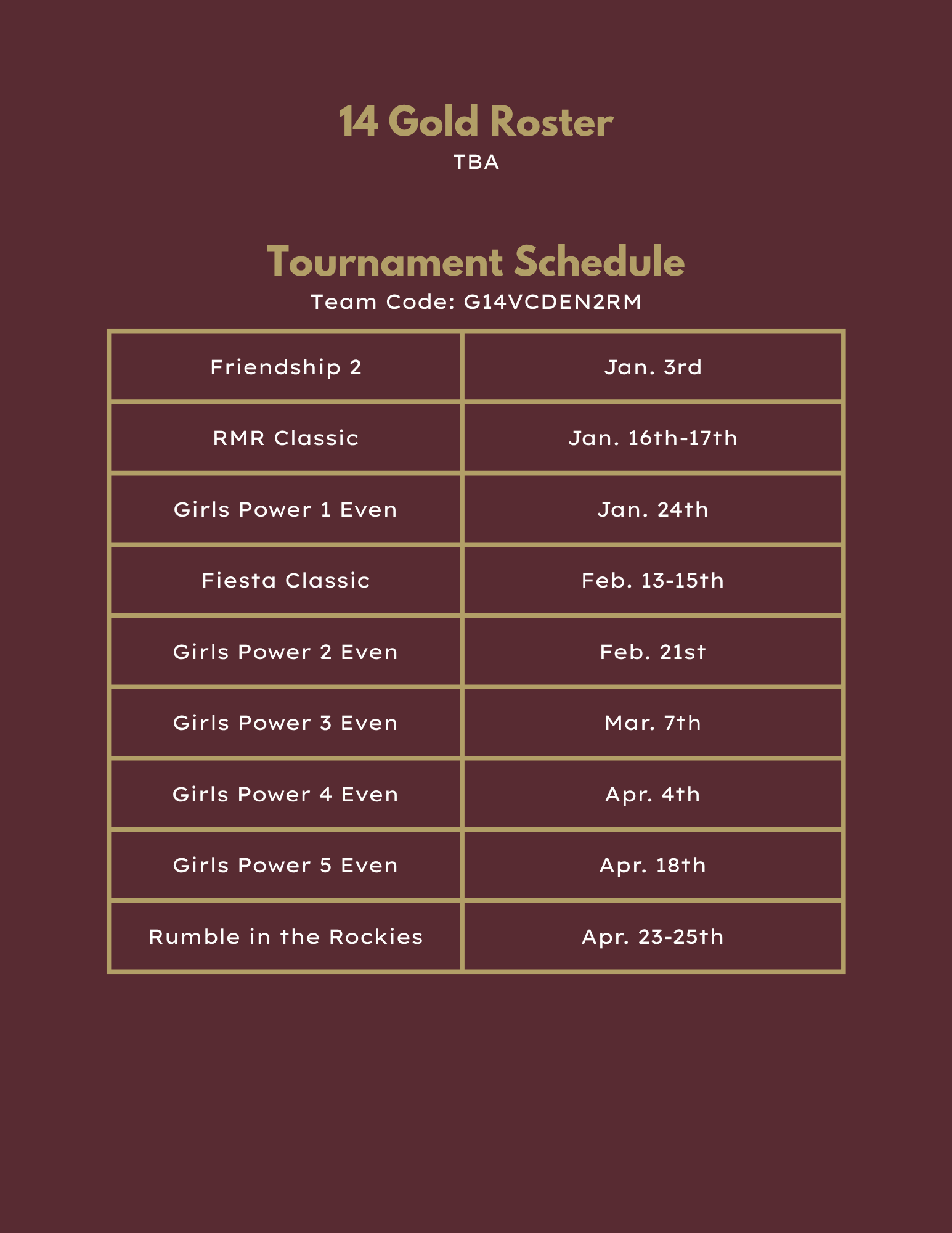 18 Black volleyball roster and tournament schedule in maroon tones.