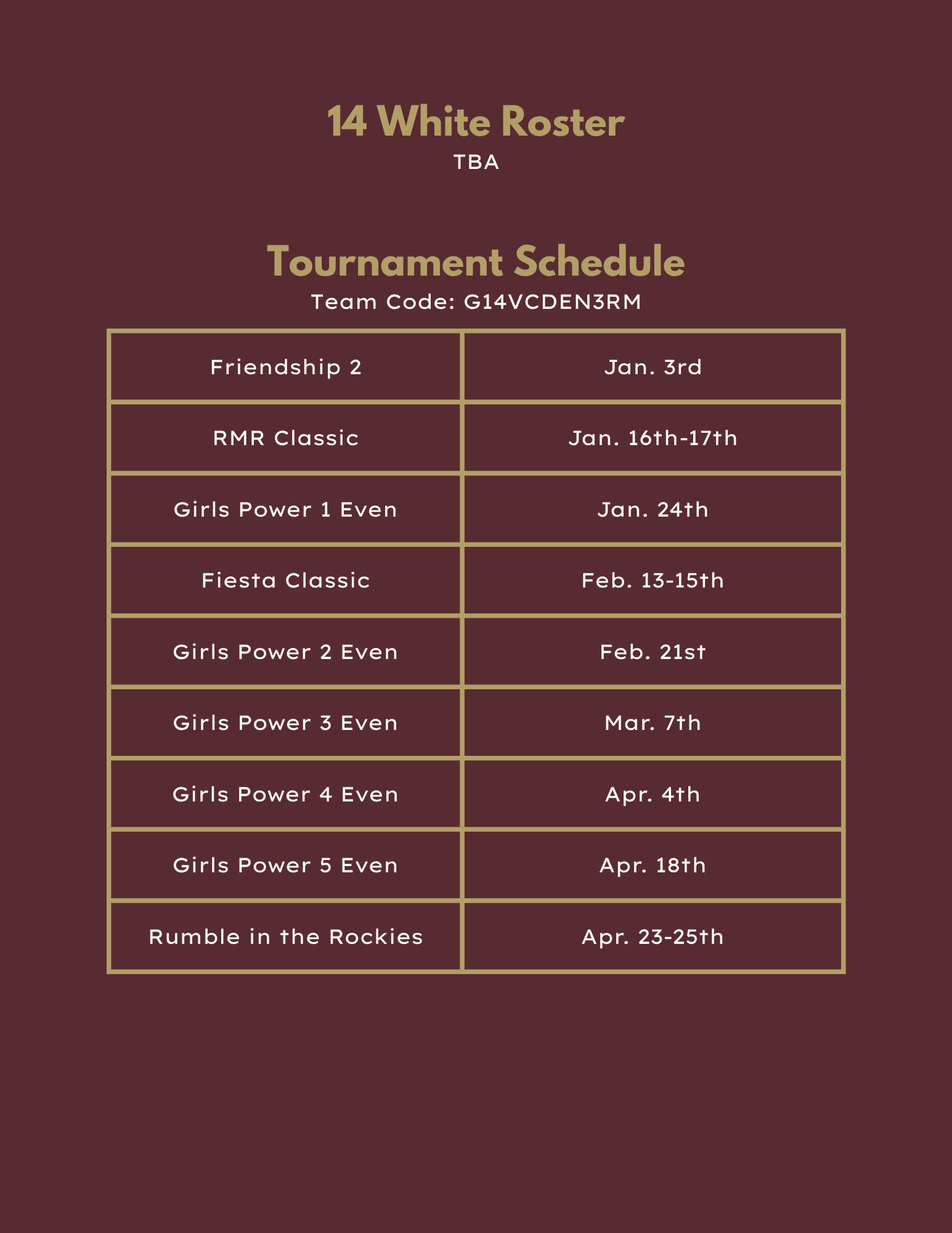 18 Black volleyball roster and tournament schedule in maroon tones.