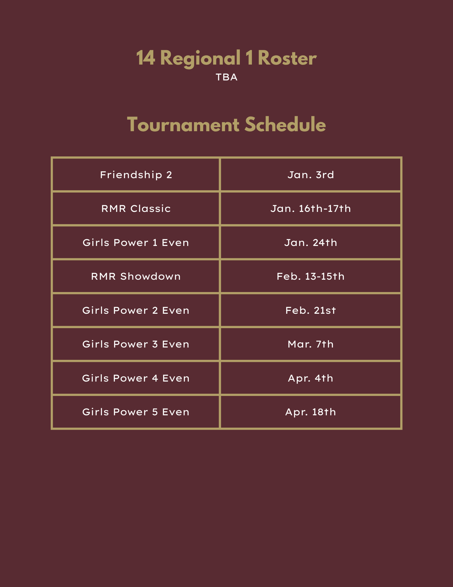 18 Black volleyball roster and tournament schedule in maroon tones.