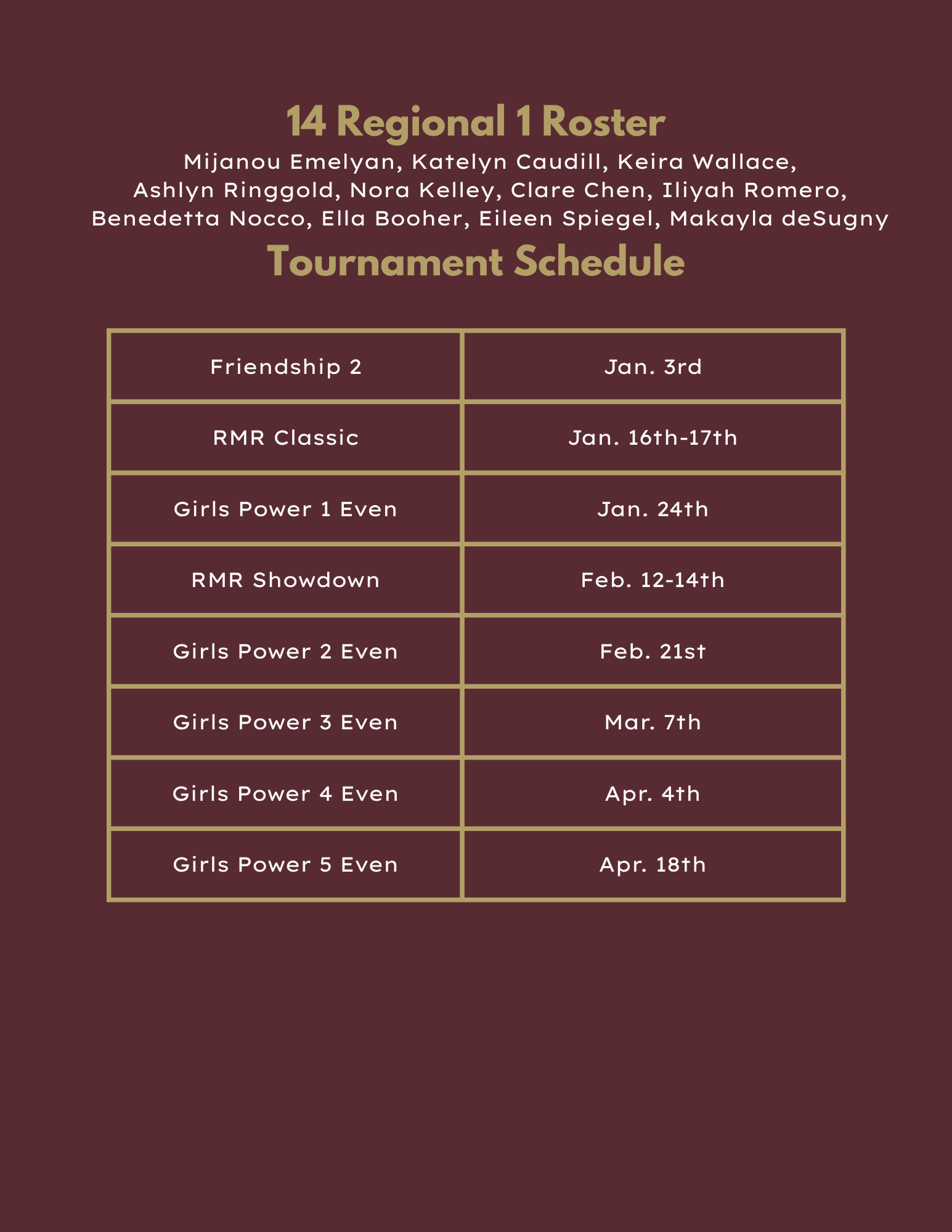 18 Black volleyball roster and tournament schedule in maroon tones.
