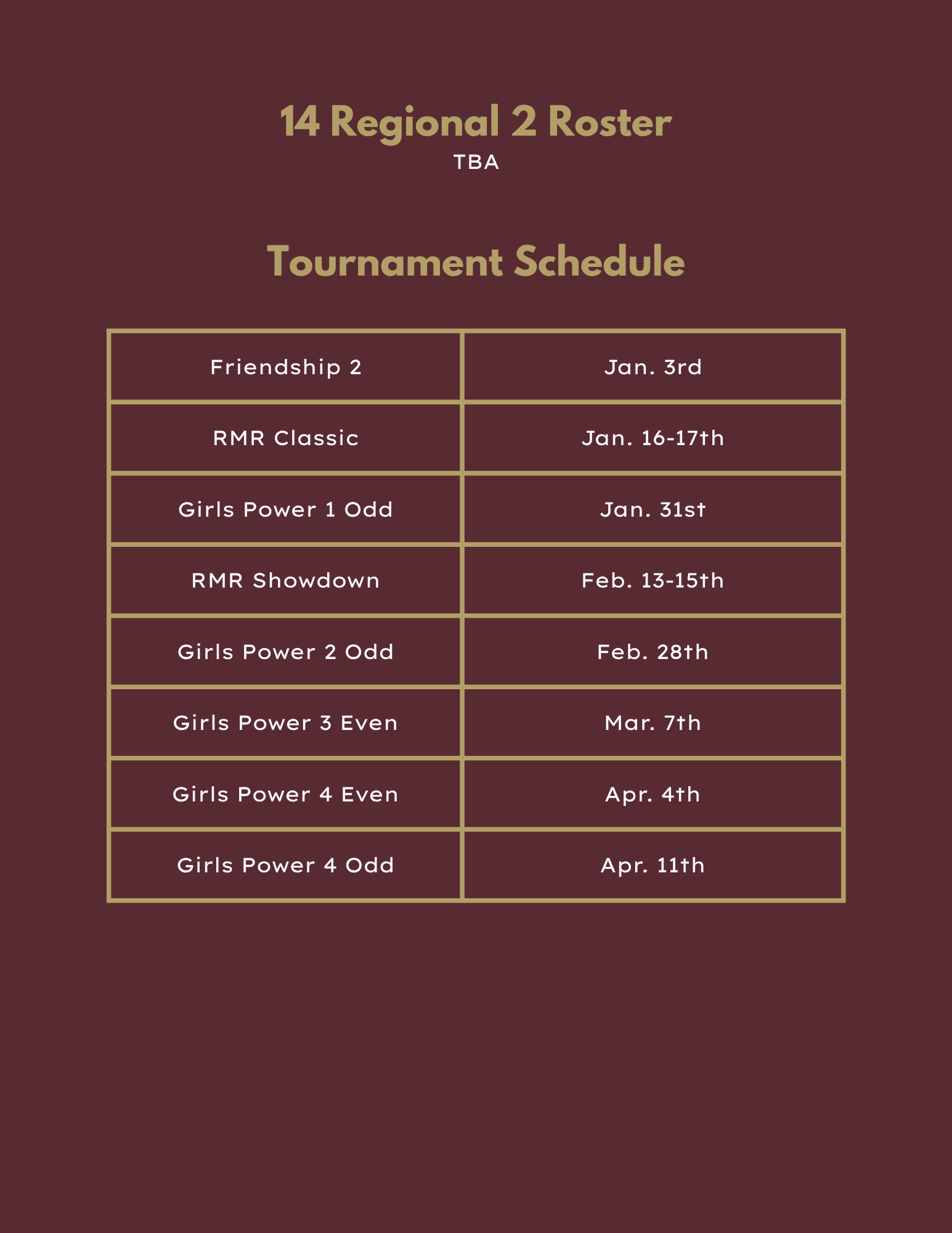 18 Black volleyball roster and tournament schedule in maroon tones.