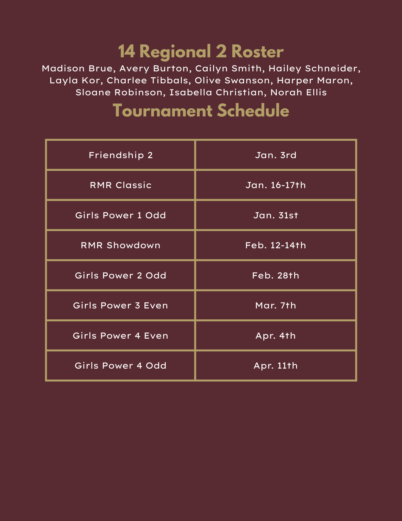 18 Black volleyball roster and tournament schedule in maroon tones.