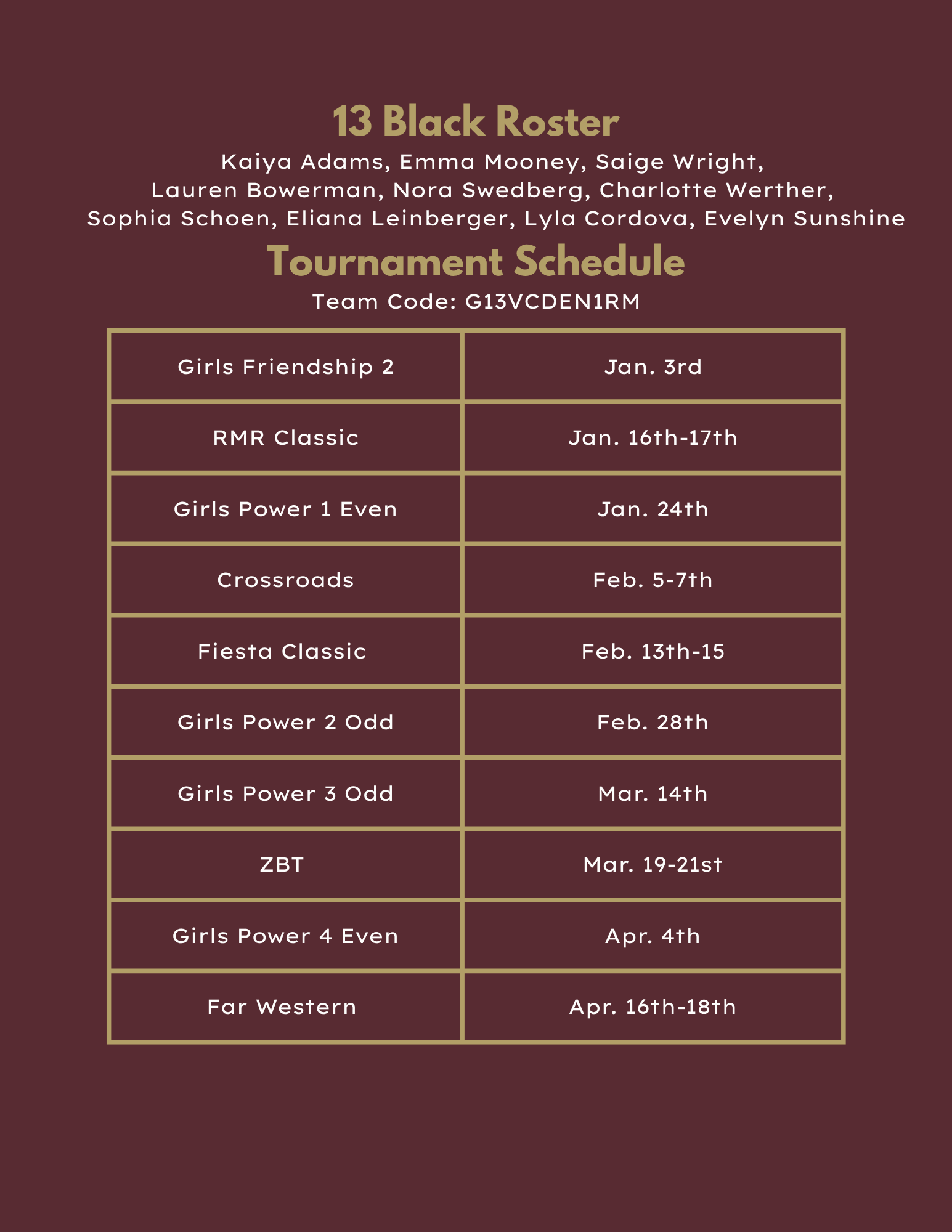 18 Black volleyball roster and tournament schedule in maroon tones.