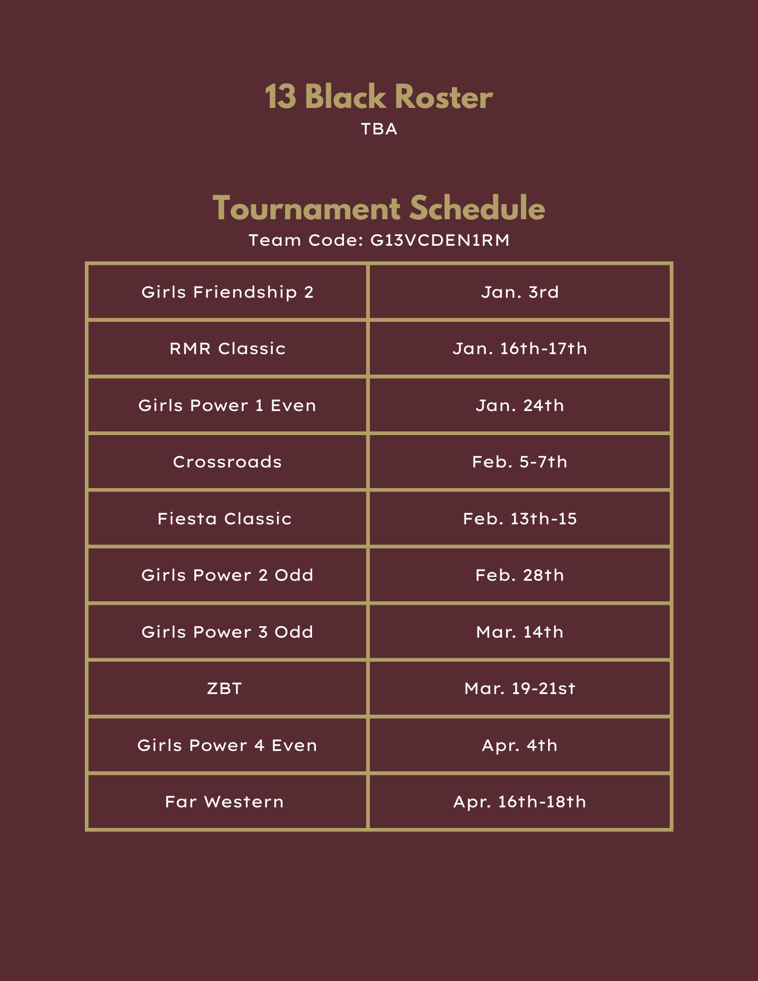 18 Black volleyball roster and tournament schedule in maroon tones.