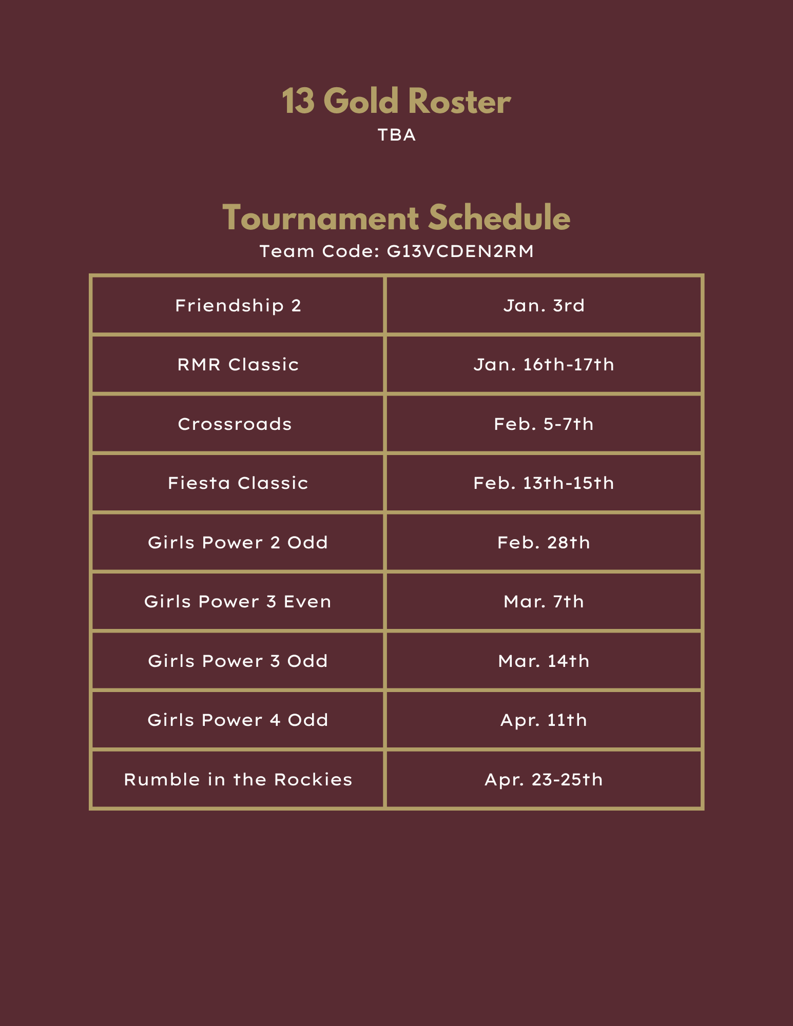 18 Black volleyball roster and tournament schedule in maroon tones.
