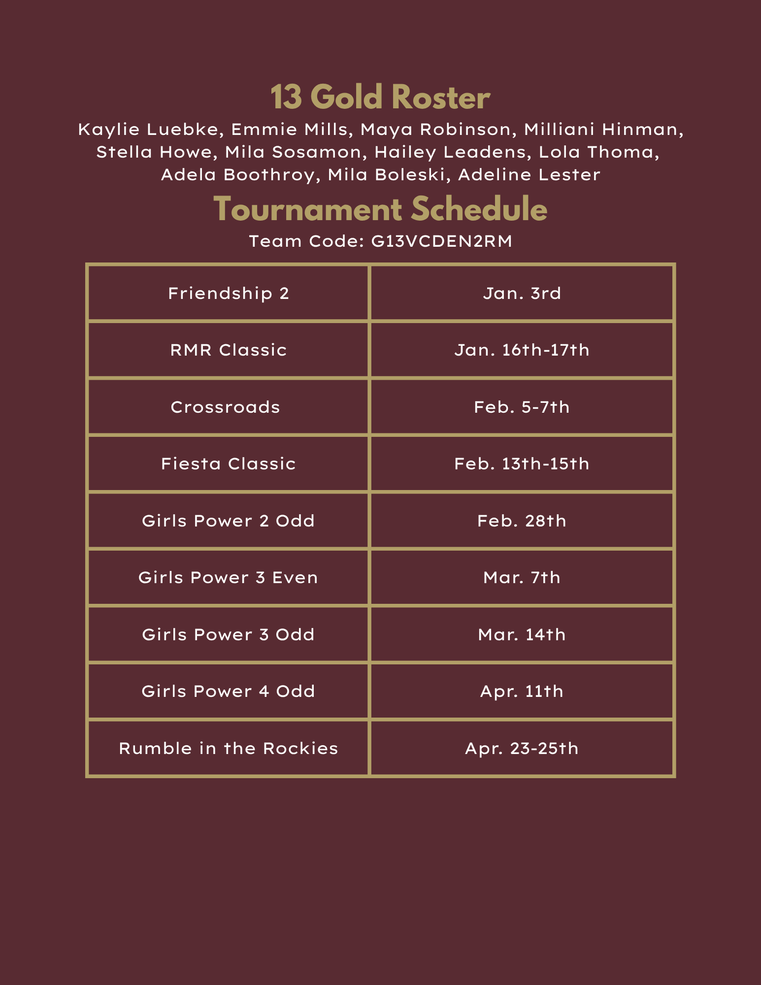 18 Black volleyball roster and tournament schedule in maroon tones.