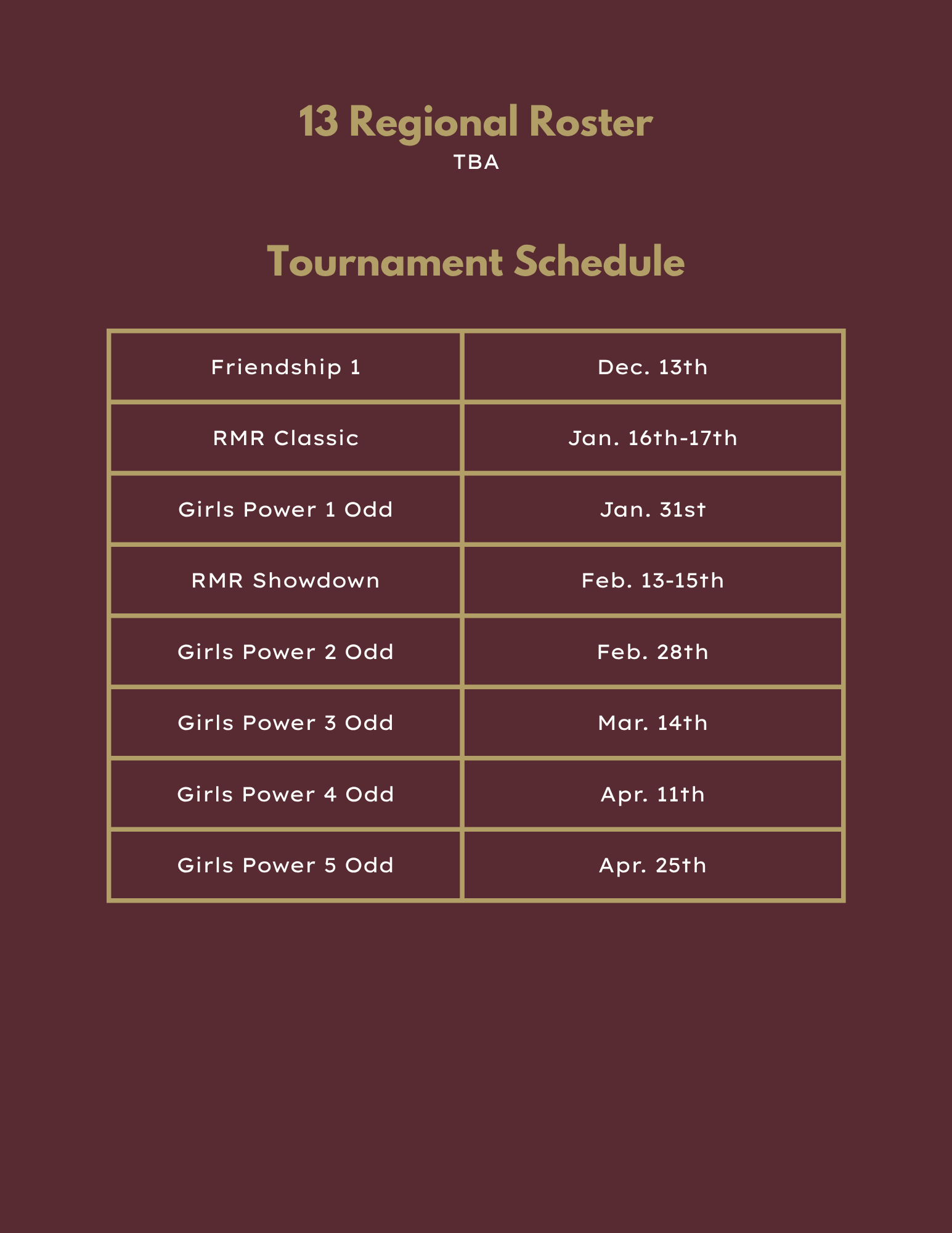 18 Black volleyball roster and tournament schedule in maroon tones.