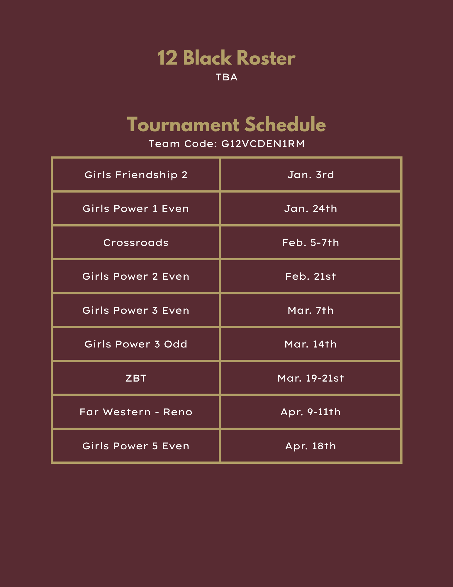 18 Black volleyball roster and tournament schedule in maroon tones.