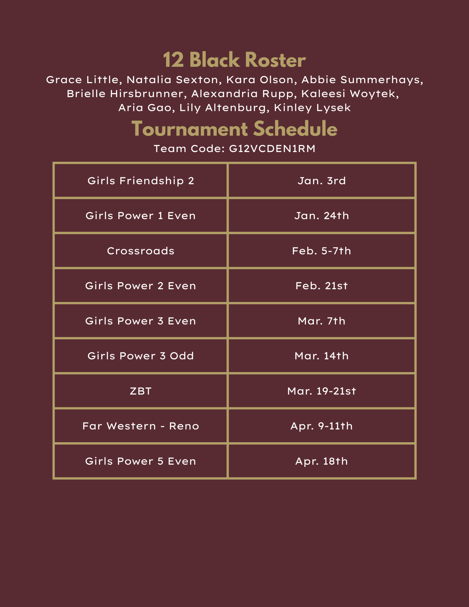 18 Black volleyball roster and tournament schedule in maroon tones.