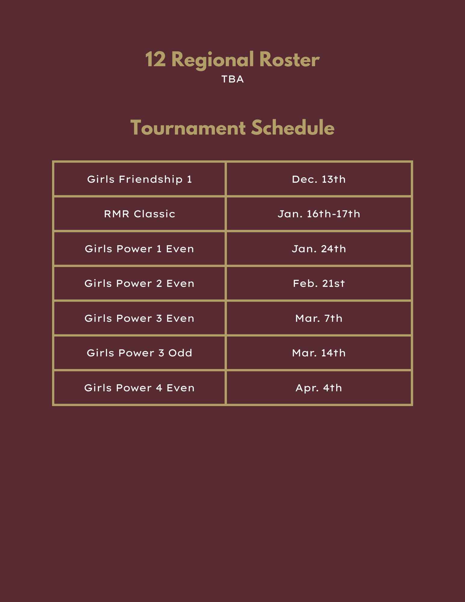 18 Black volleyball roster and tournament schedule in maroon tones.