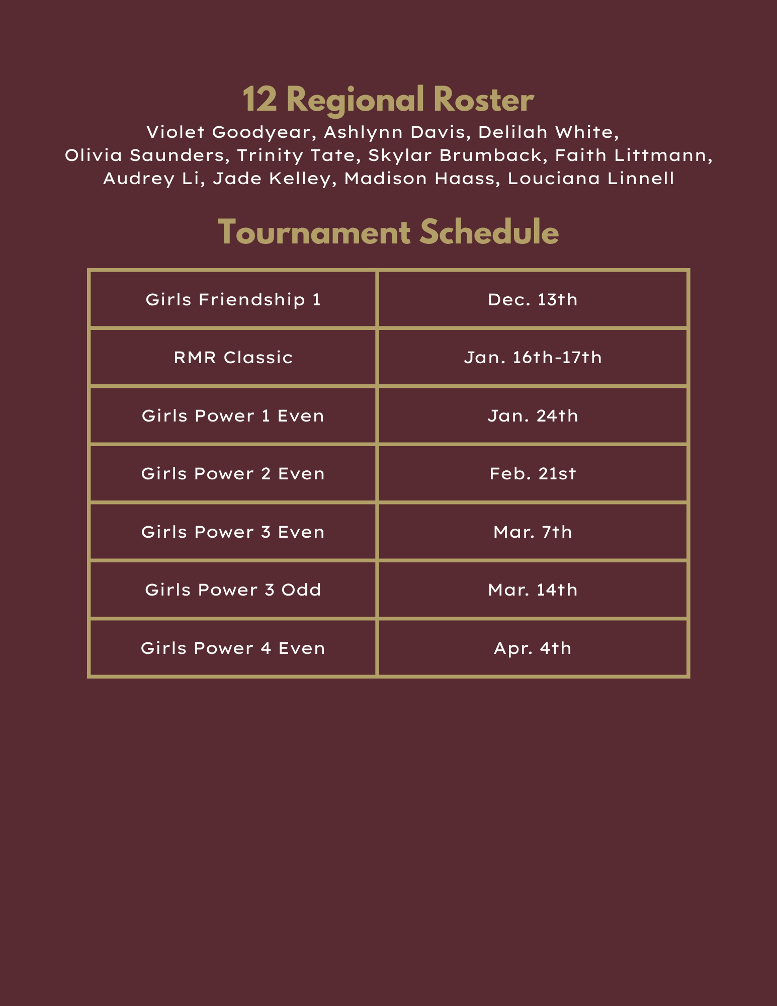 18 Black volleyball roster and tournament schedule in maroon tones.