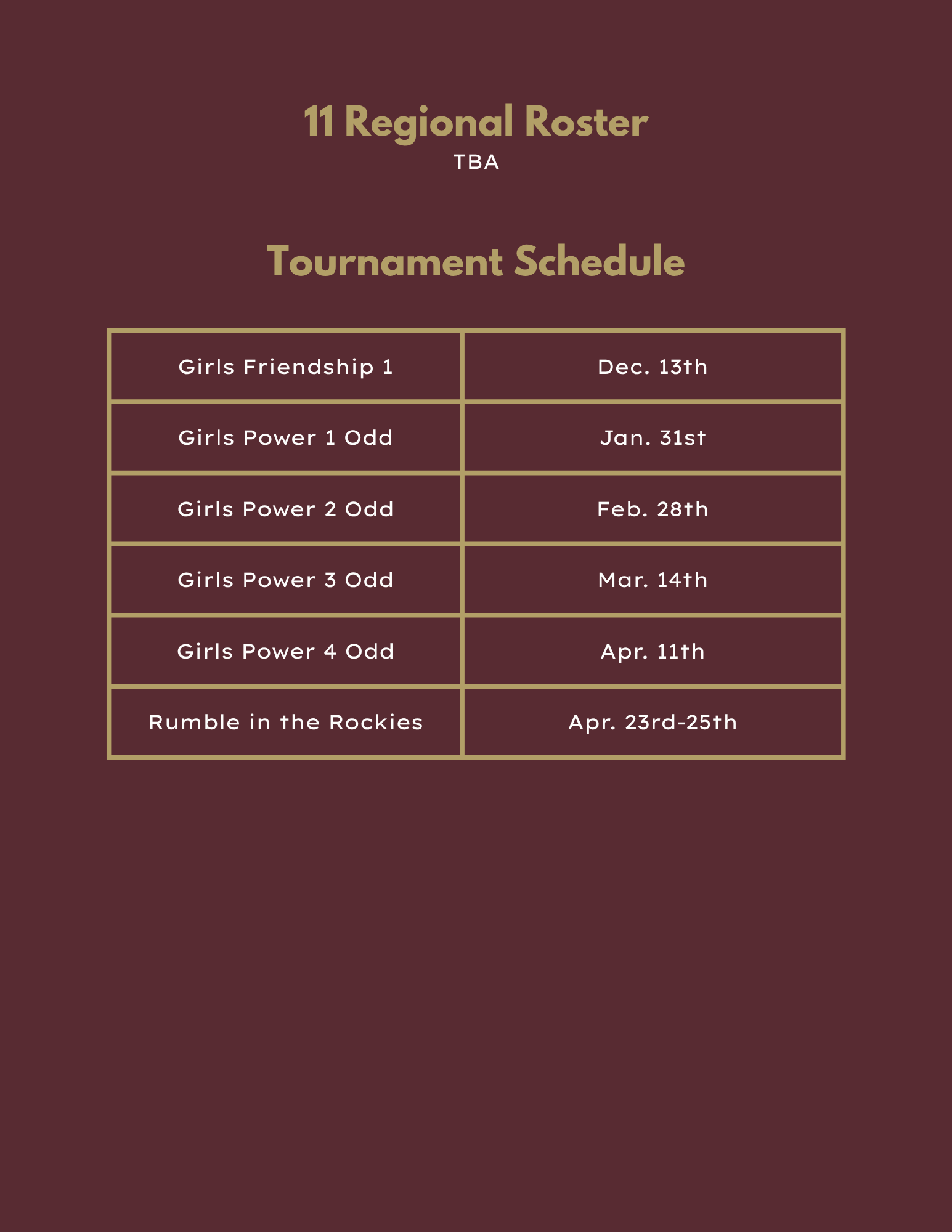 18 Black volleyball roster and tournament schedule in maroon tones.
