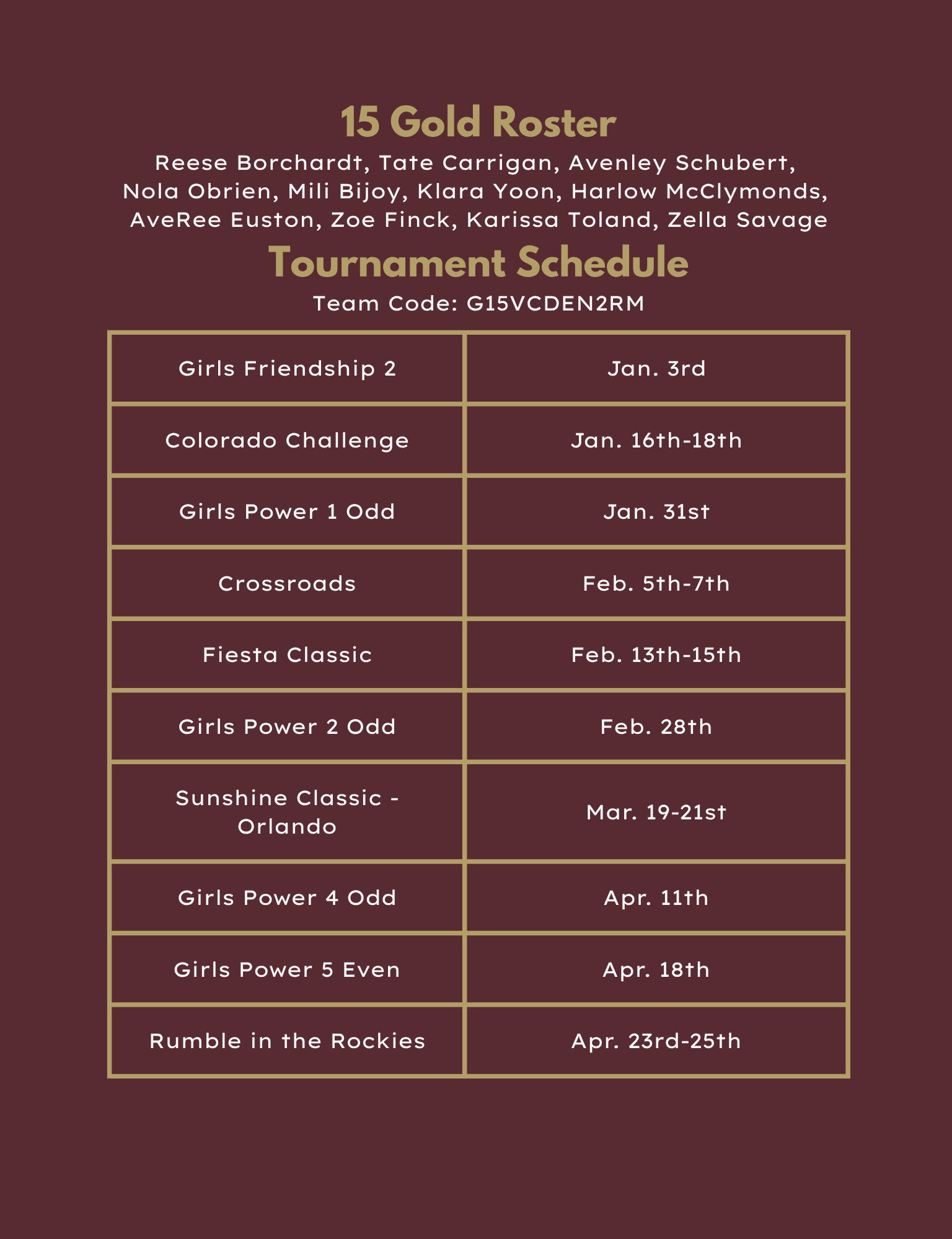 Roster and tournament schedule for 