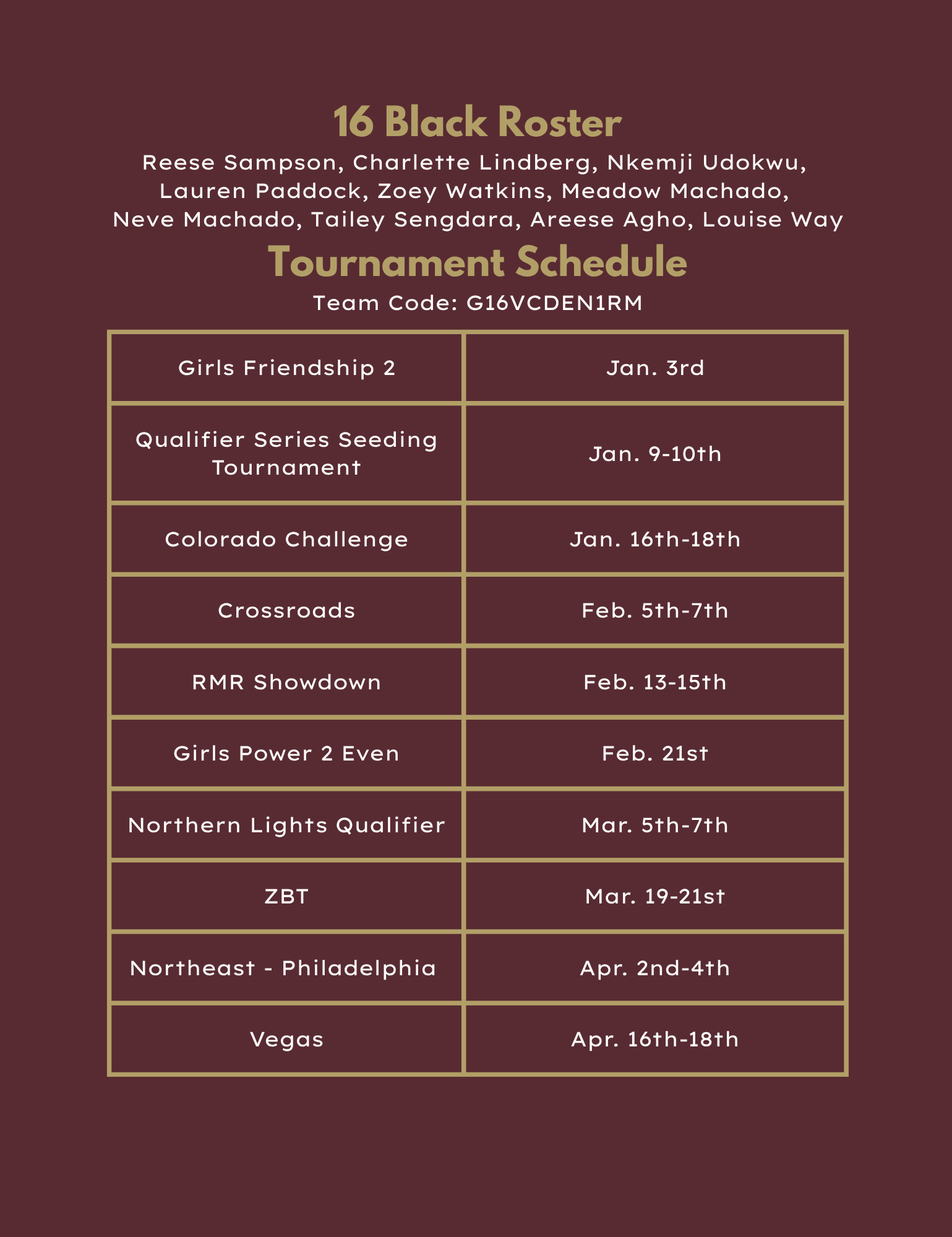 A tournament schedule for the 16 Black roster, listing dates and events, with a brown background.