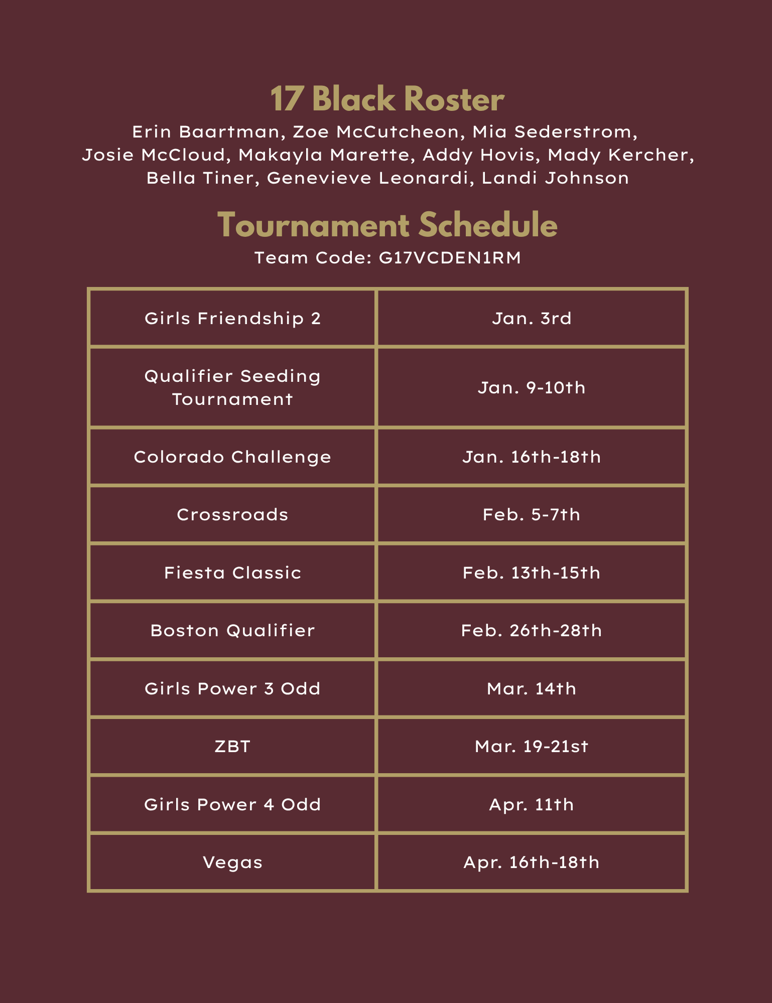17 Black volleyball roster with tournament schedule and player names.