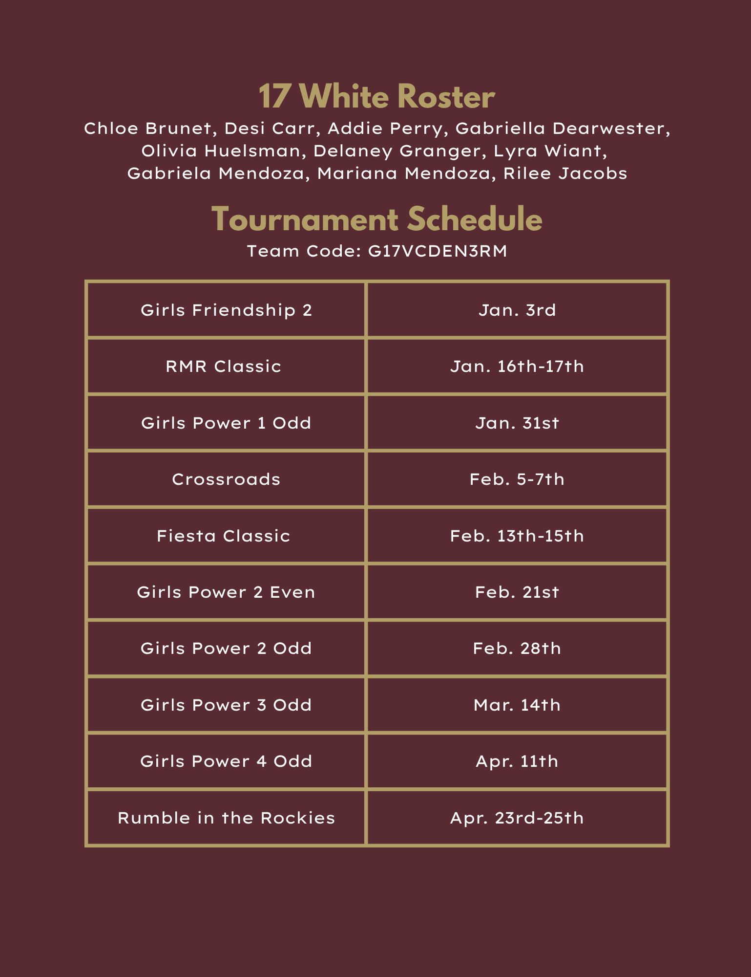 17 White team roster and tournament schedule, on a burgundy background.