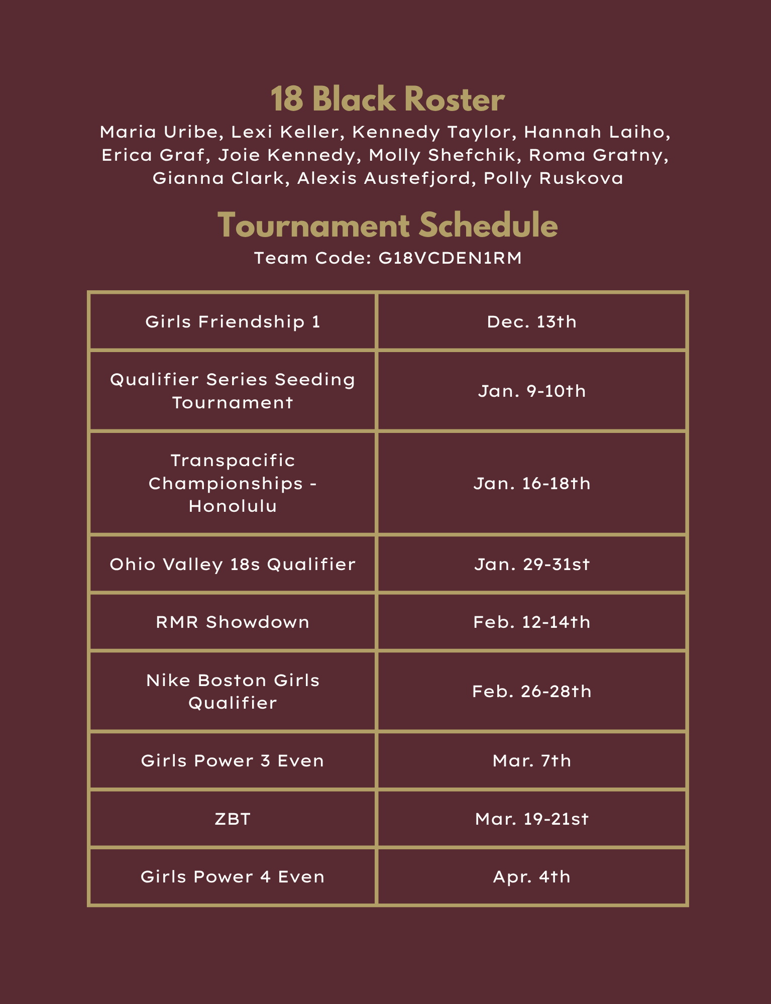 18 Black volleyball roster and tournament schedule in maroon tones.