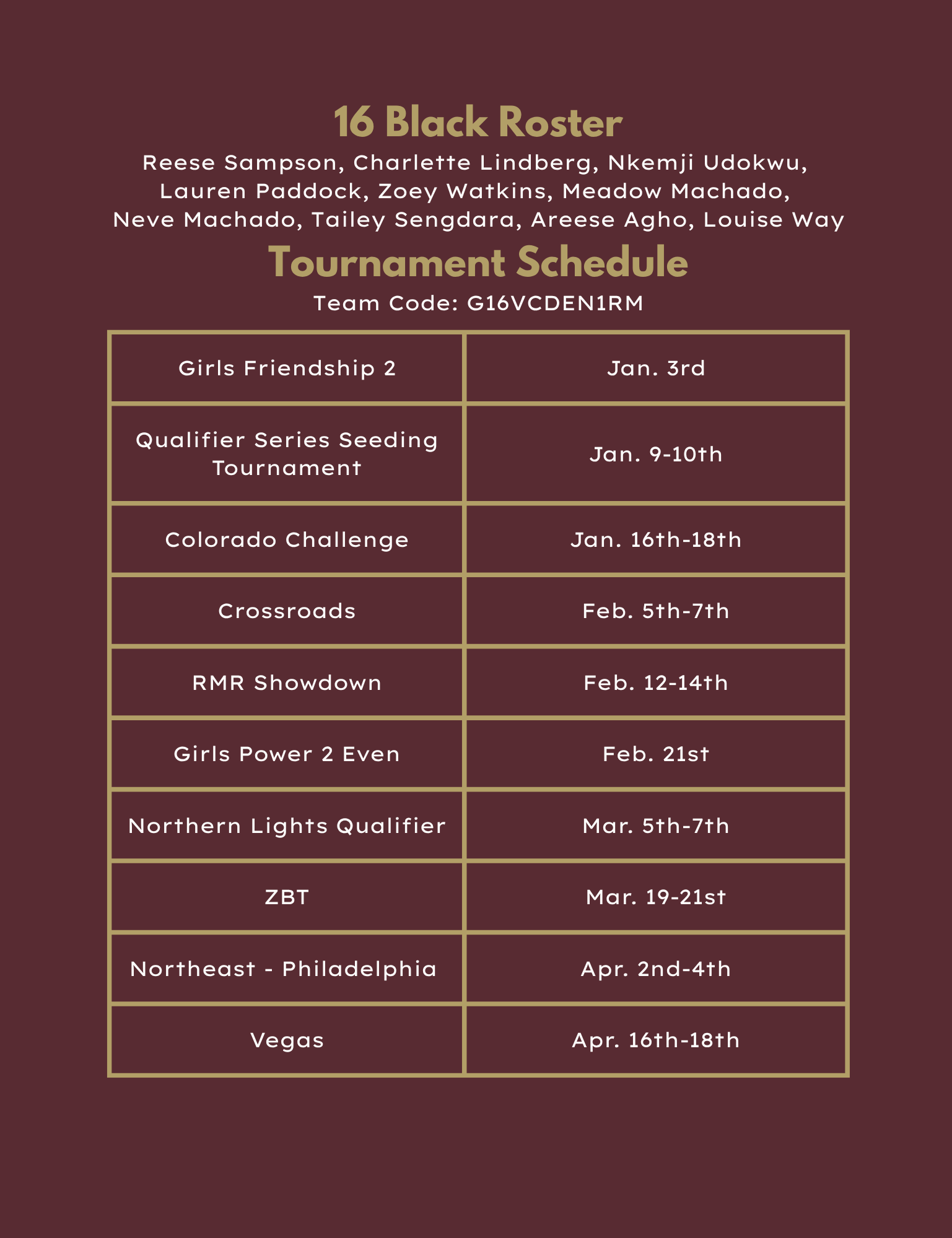 A tournament schedule for the 16 Black roster, listing dates and events, with a brown background.