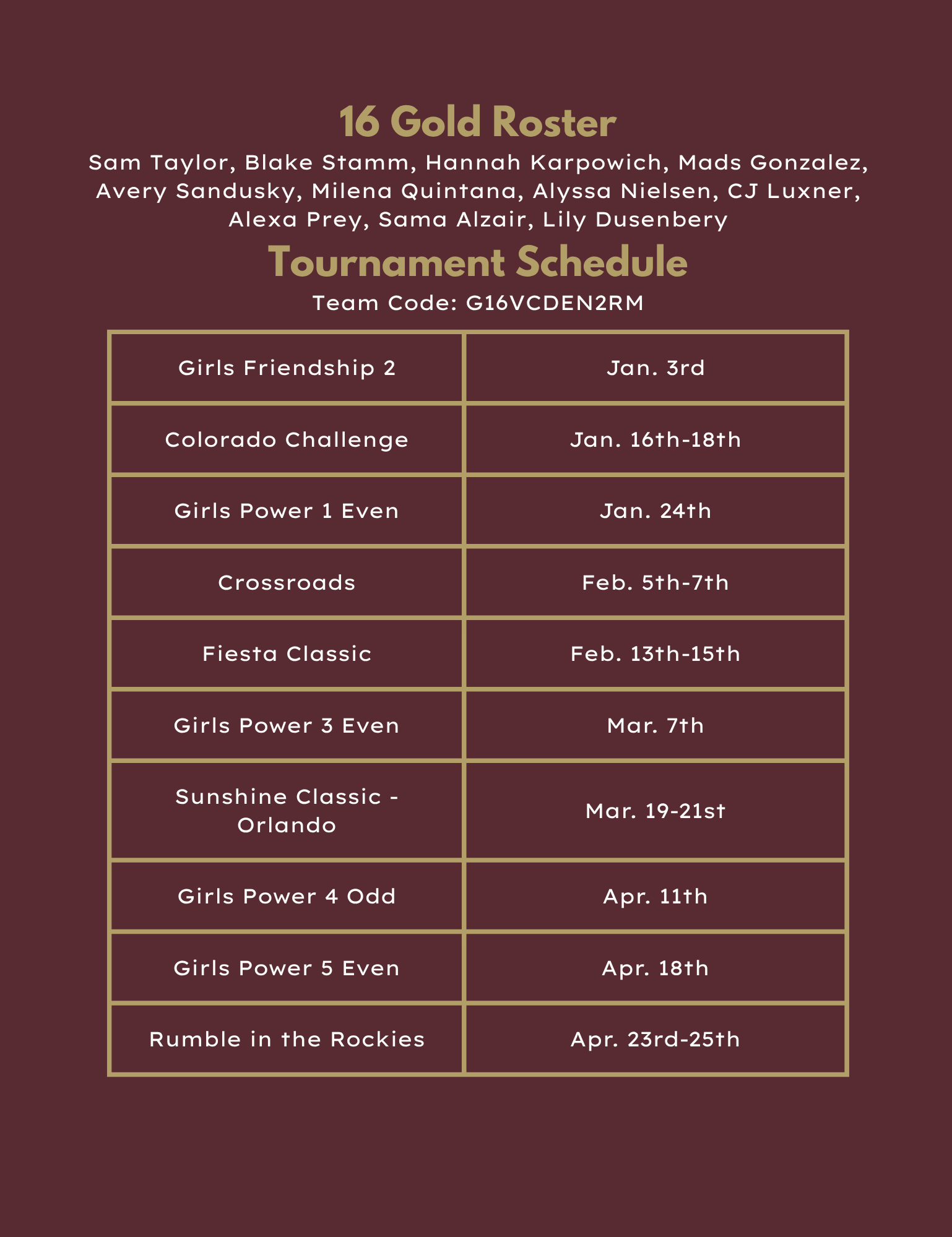 Roster and schedule for a team 