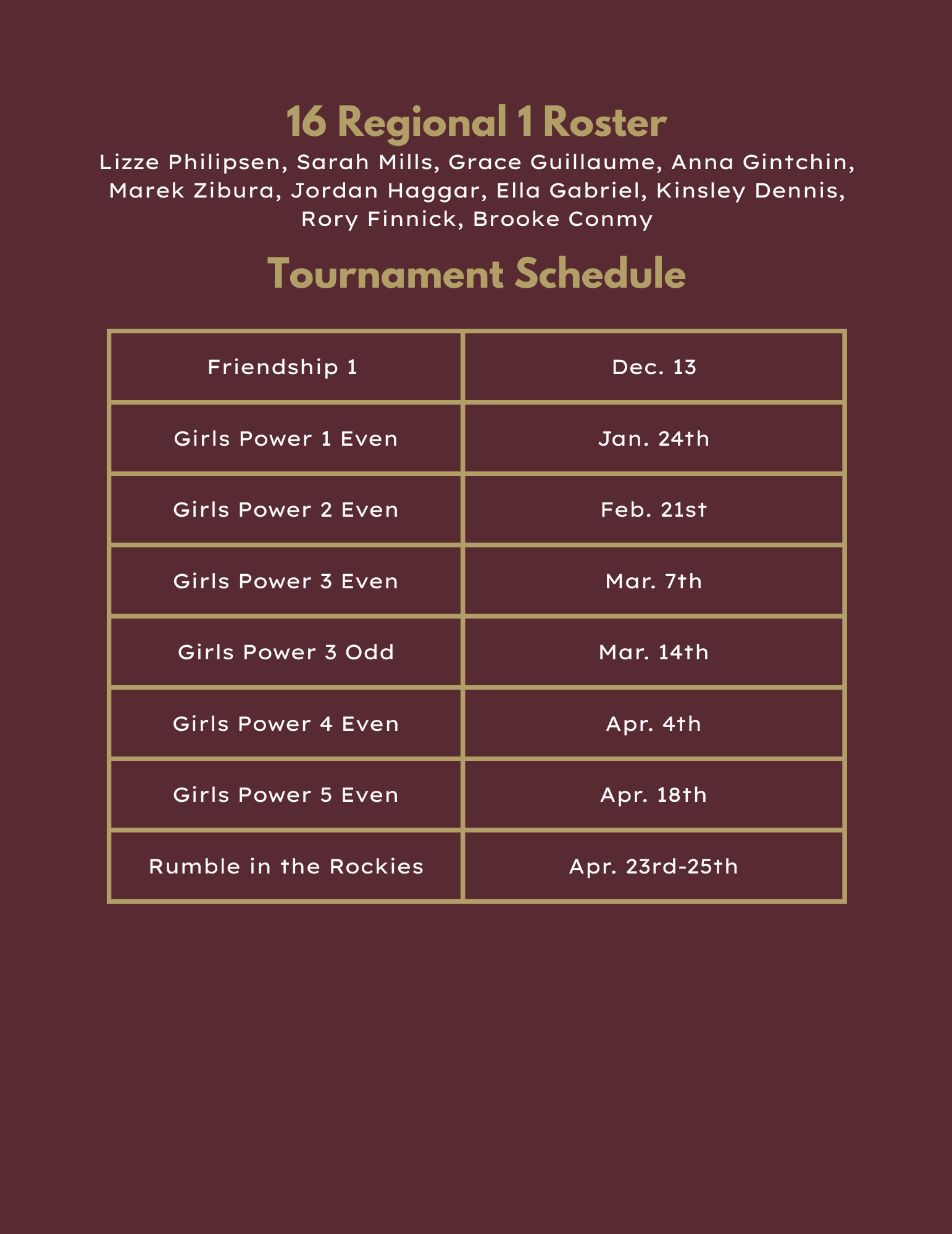 16 Regional Roster and VCD Tournament Schedule. Names listed. Schedule has event dates.