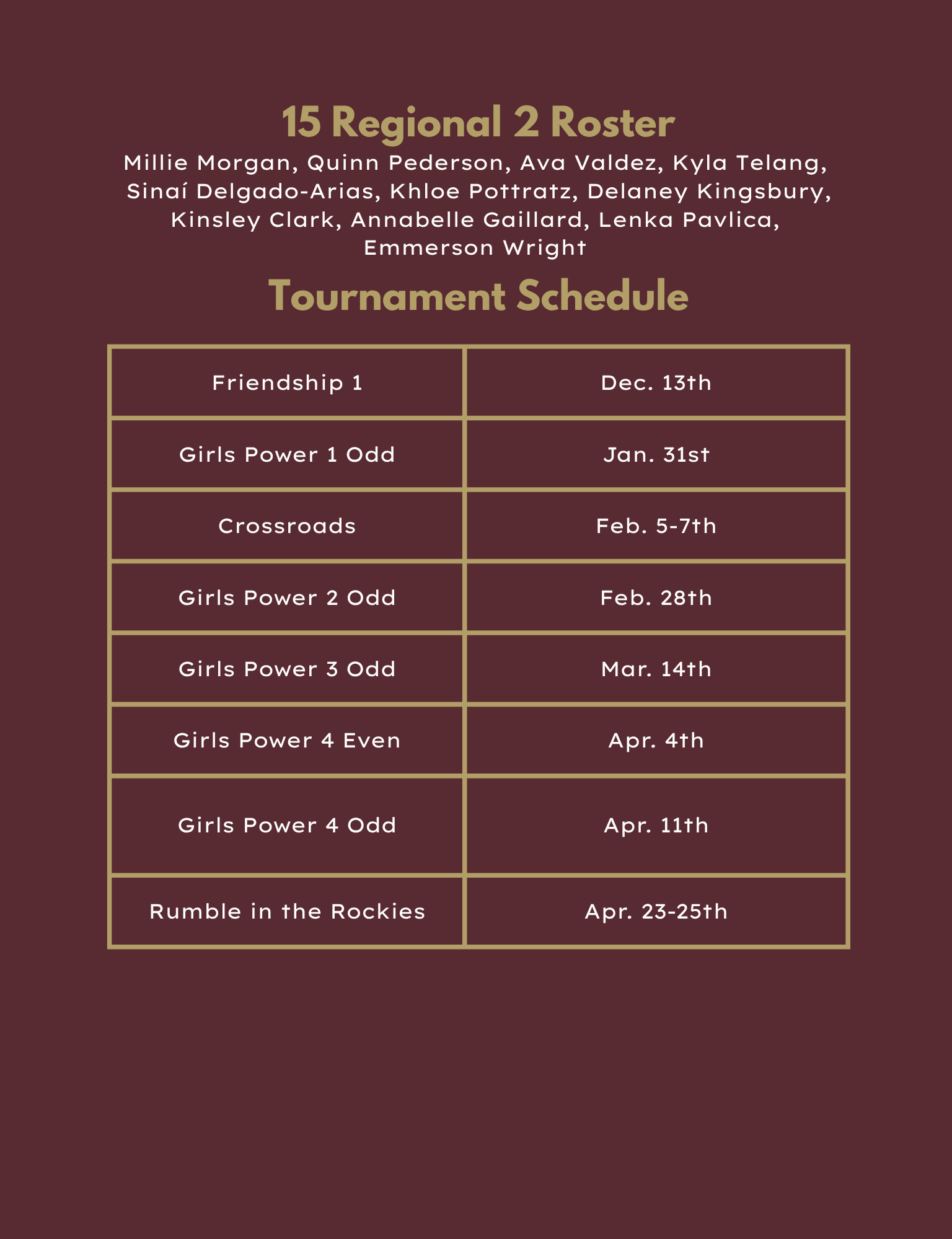 15 Regional 2 Roster and VCD Tournament Schedule. List of players and tournament dates with events.