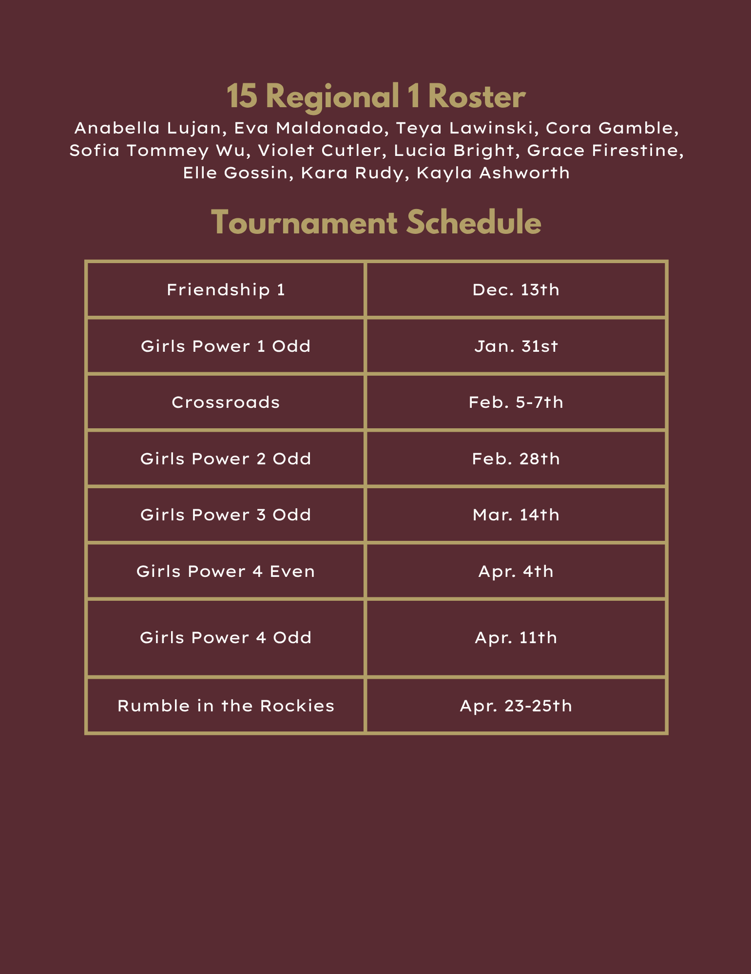 15 Regional 1 roster and tournament schedule.