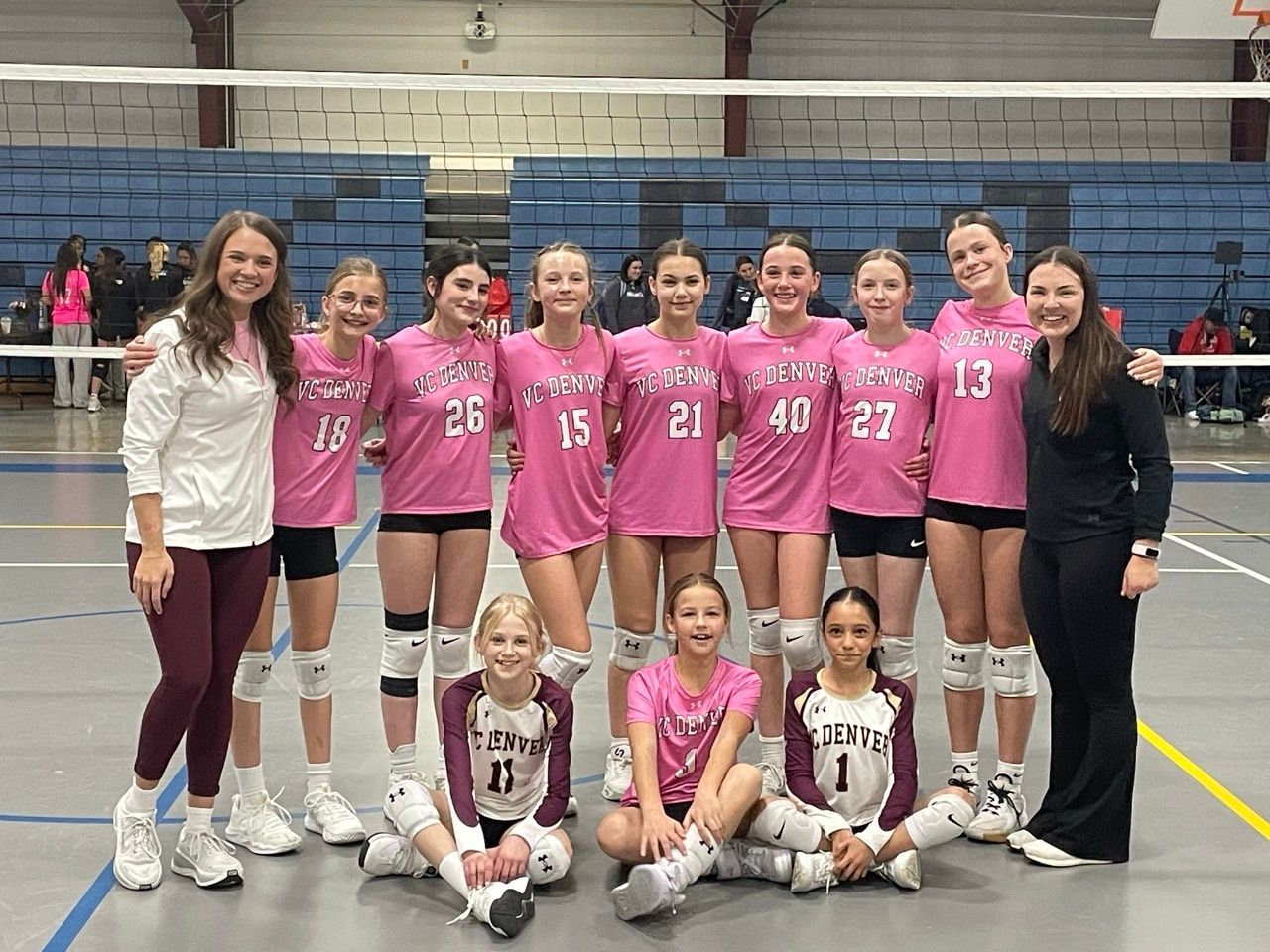 Volleyball team posing indoors in pink jerseys with coaches and players in front of a net