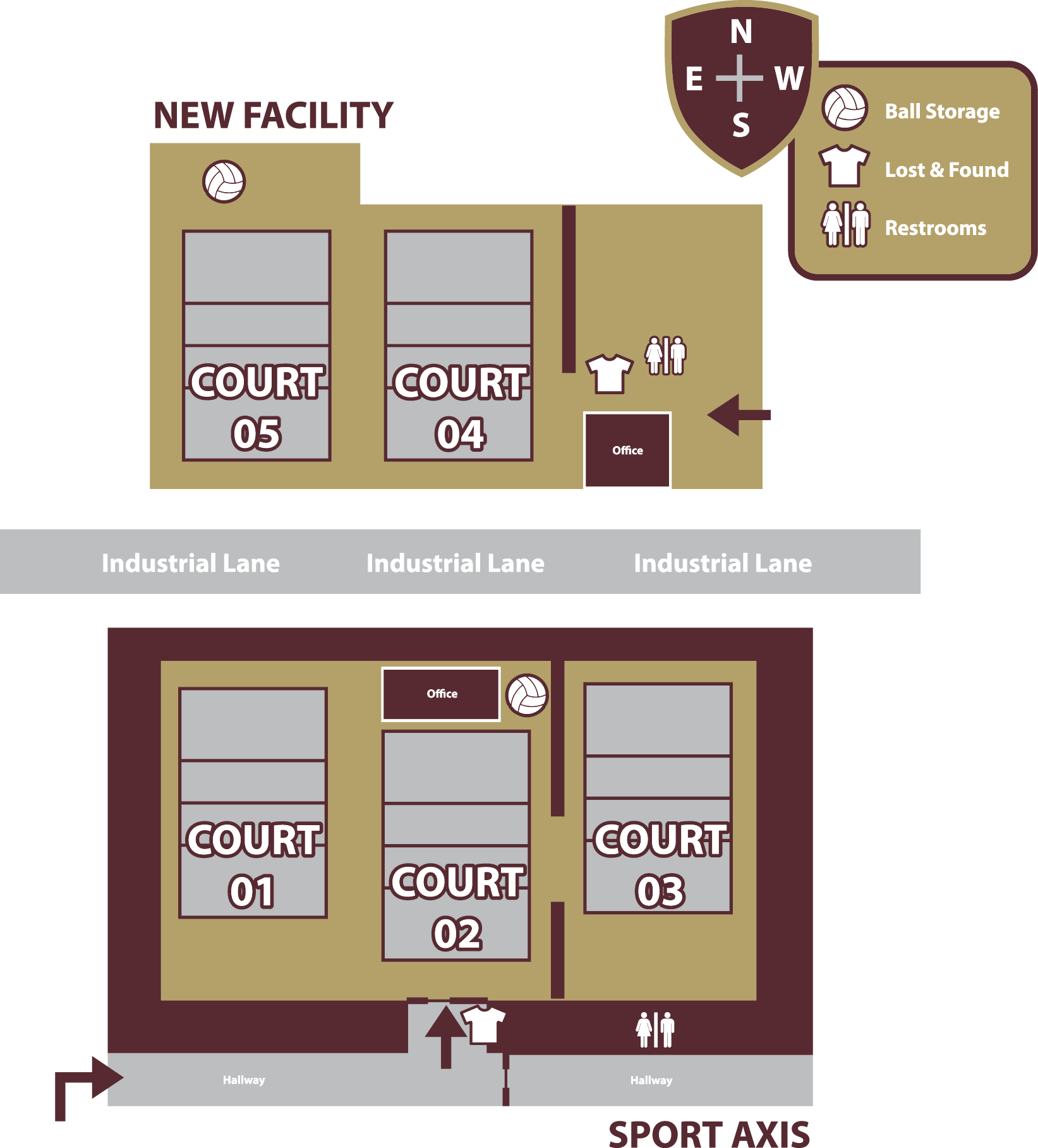Floor plan map of a sports complex with courts, restrooms, and entrances labeled across new and existing facilities.