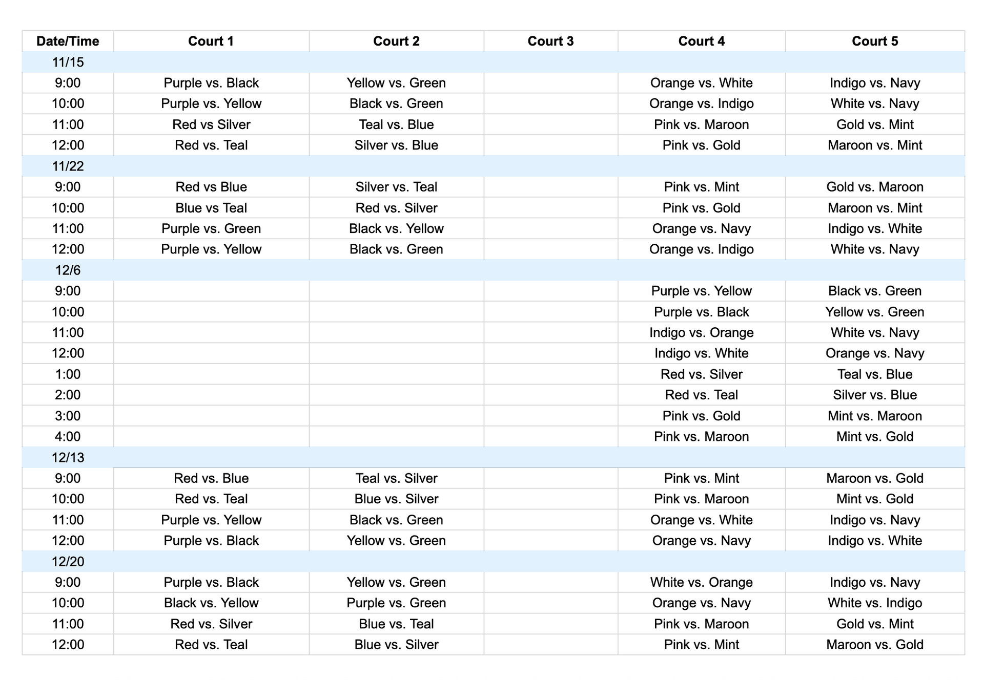 Schedule table with times and assigned names across multiple columns on a white spreadsheet-like page