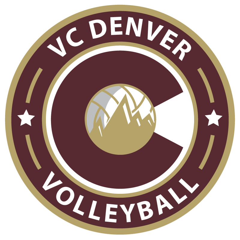 VC Denver Volleyball logo: Maroon and gold circle with a volleyball and Colorado flag outline.